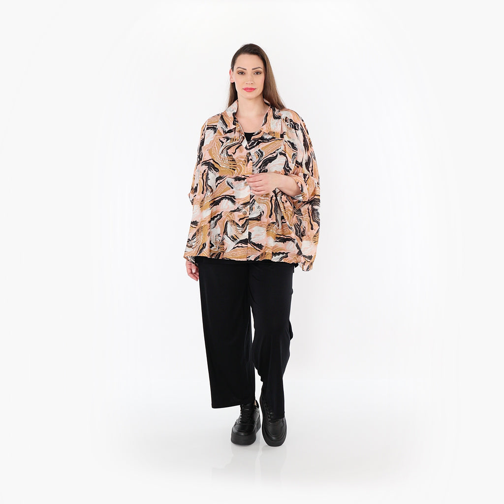  AKH Fashion Bluse in gerundeter Form, aus Rayon, 1510.07092, Cognac/Rosa/Schwarz, Wellen