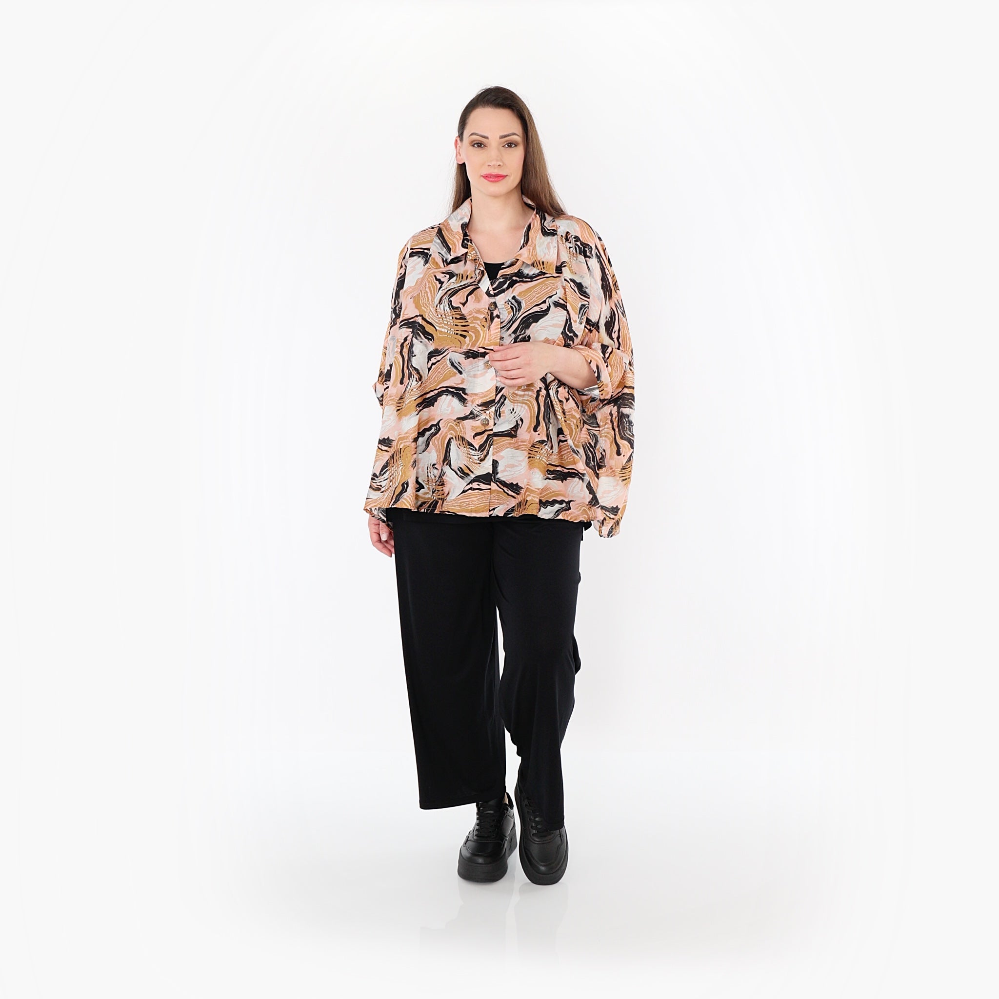  AKH Fashion Bluse in gerundeter Form, aus Rayon, 1510.07092, Cognac/Rosa/Schwarz, Wellen