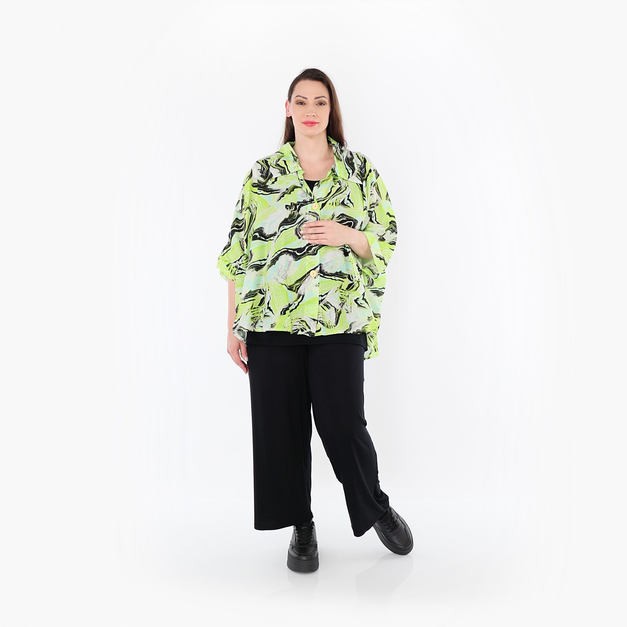  AKH Fashion Bluse in gerundeter Form, aus Rayon, 1510.07092, Grün/Türkis/Schwarz, Wellen
