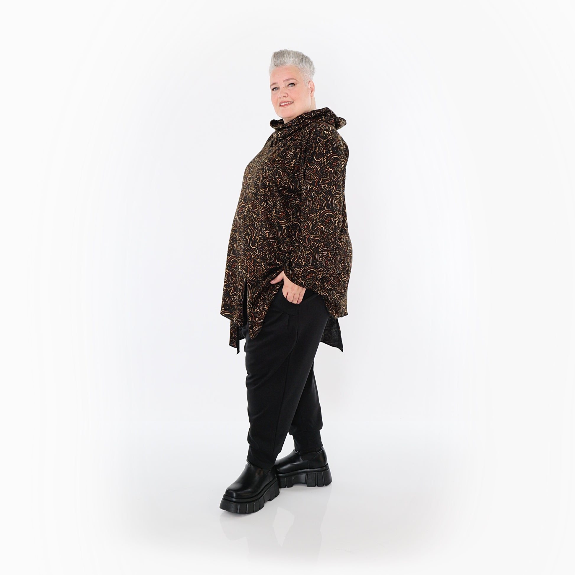  AKH Fashion Bigshirt in asymmetrischer Form, aus Materialmix, 1516.06061, Cognac