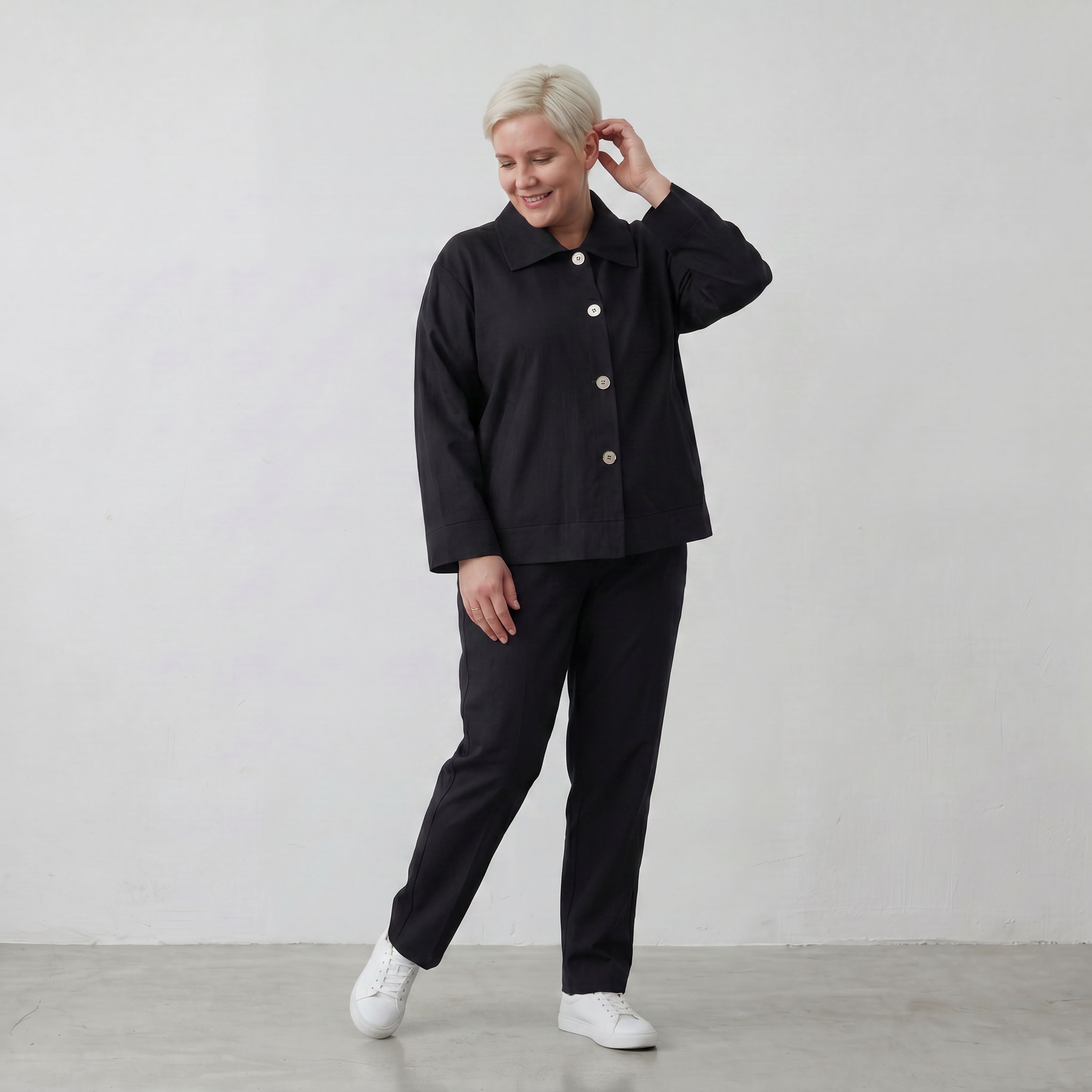 Schwarzer Oversize Blazer leger und zeitlos mit Stretchkomfort und Lagenlook cleanem Look