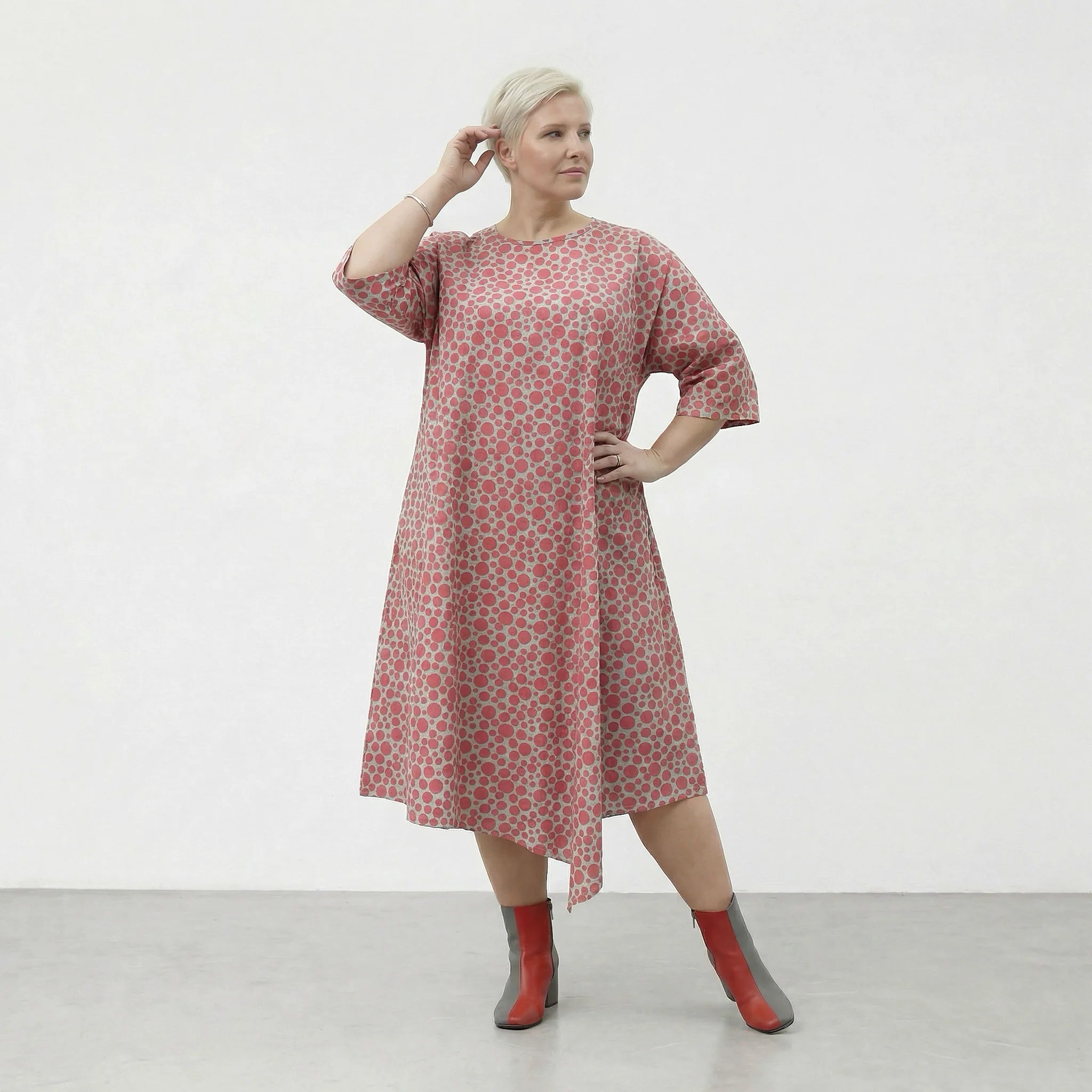 Luftiges Ballonkleid im stilvollen Lagenlook mit ausgefallenem Punktemuster, leicht aus Baumwolle, Mint/Pink