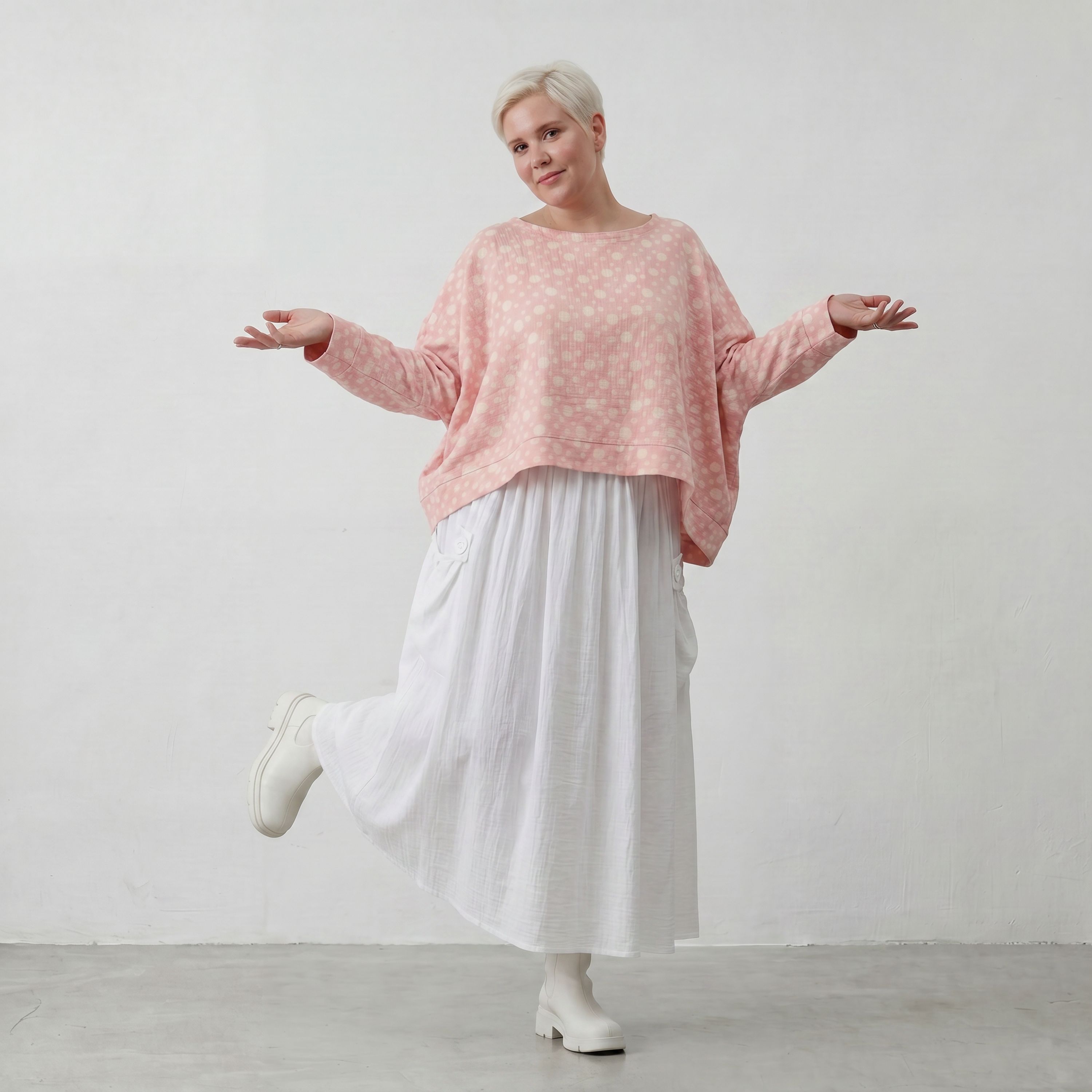 Leichter Baumwolle Mousseline Überwurf in Rosa Ecru soft Oversize Lagenlook zeitlos leger