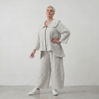 Fliessende Marlenehose in Hellblau Ecru aus Baumwolle Oversize Lagenlook zeitlos modern
