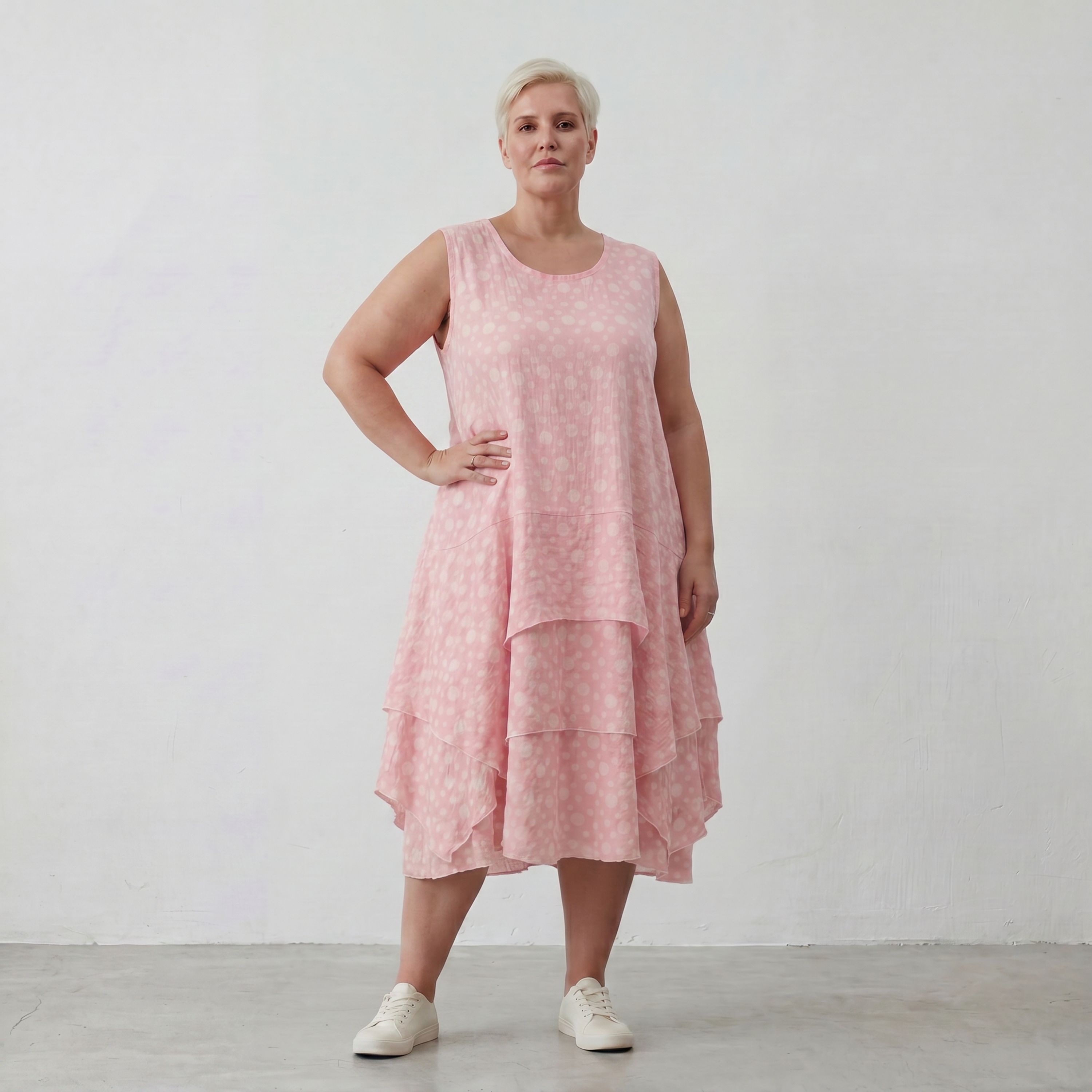 Rosa Ecru Baumwolltunika im Lagenlook luftig leicht Oversize zeitlos leger Volant locker