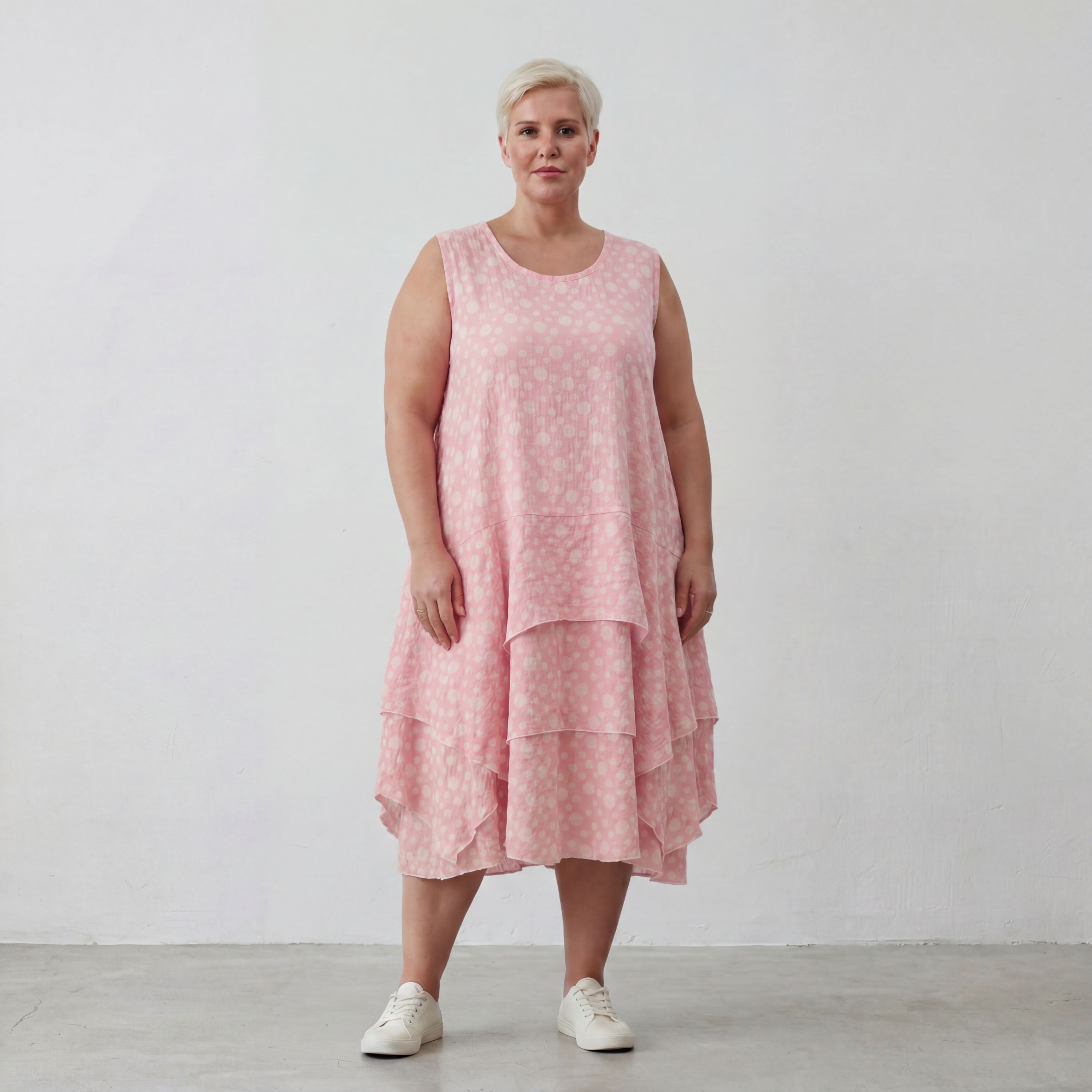 Rosa Ecru Baumwolltunika im Lagenlook luftig leicht Oversize zeitlos leger Volant locker
