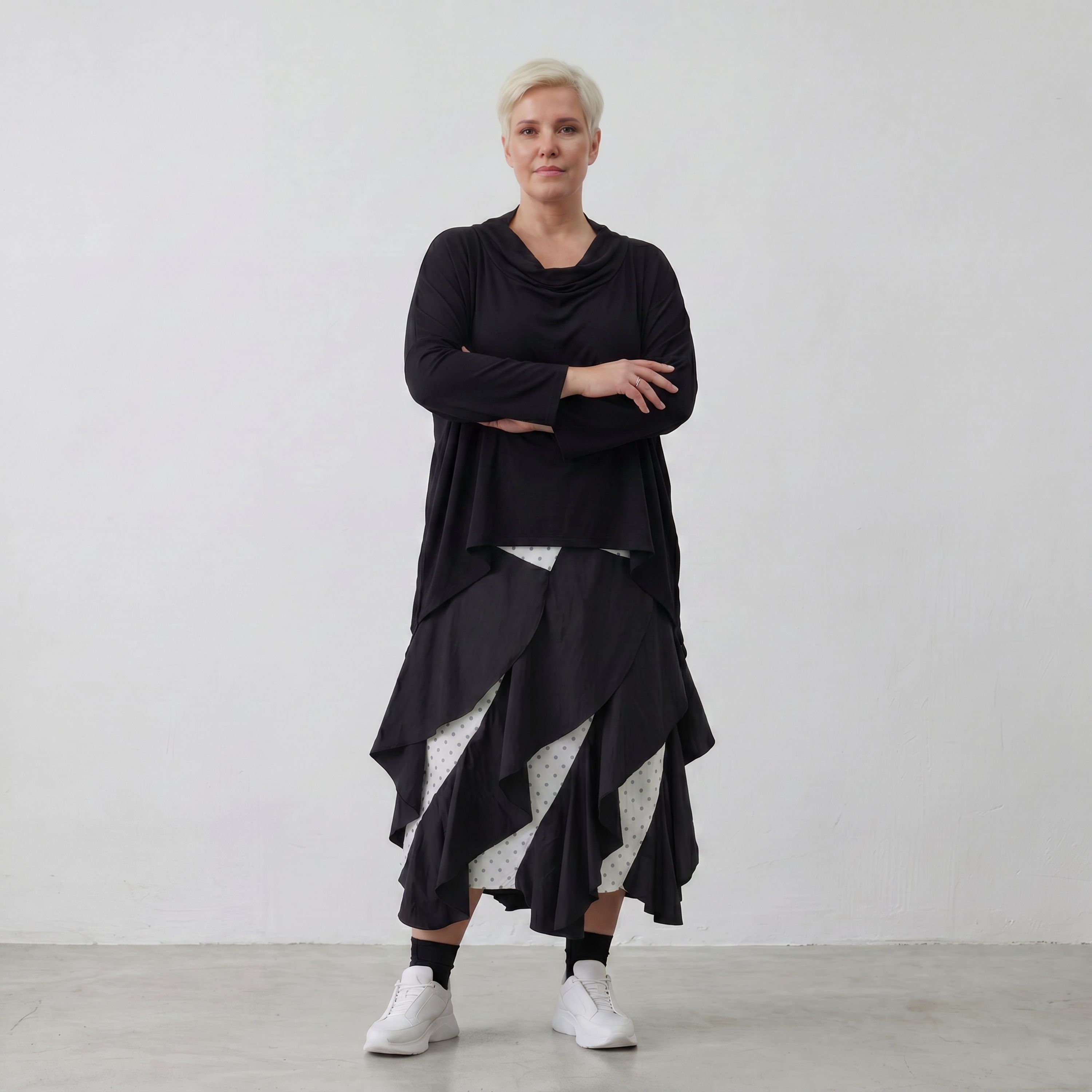 Zeitloser Weiß Schwarz Karorock im Lagenlook mit elastischem Bund modernen Oversize Stil