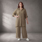 Zeitlose Beige Oversize Bluse in Leinenoptik mit Lochmuster leger Lagenlook und zeitlos