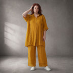 Gelb fliessend Viskosebluse im Lagenlook Oversize leger mit Streifen Lochstruktur luftig