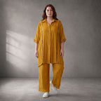 Gelb fliessend Viskosebluse im Lagenlook Oversize leger mit Streifen Lochstruktur luftig