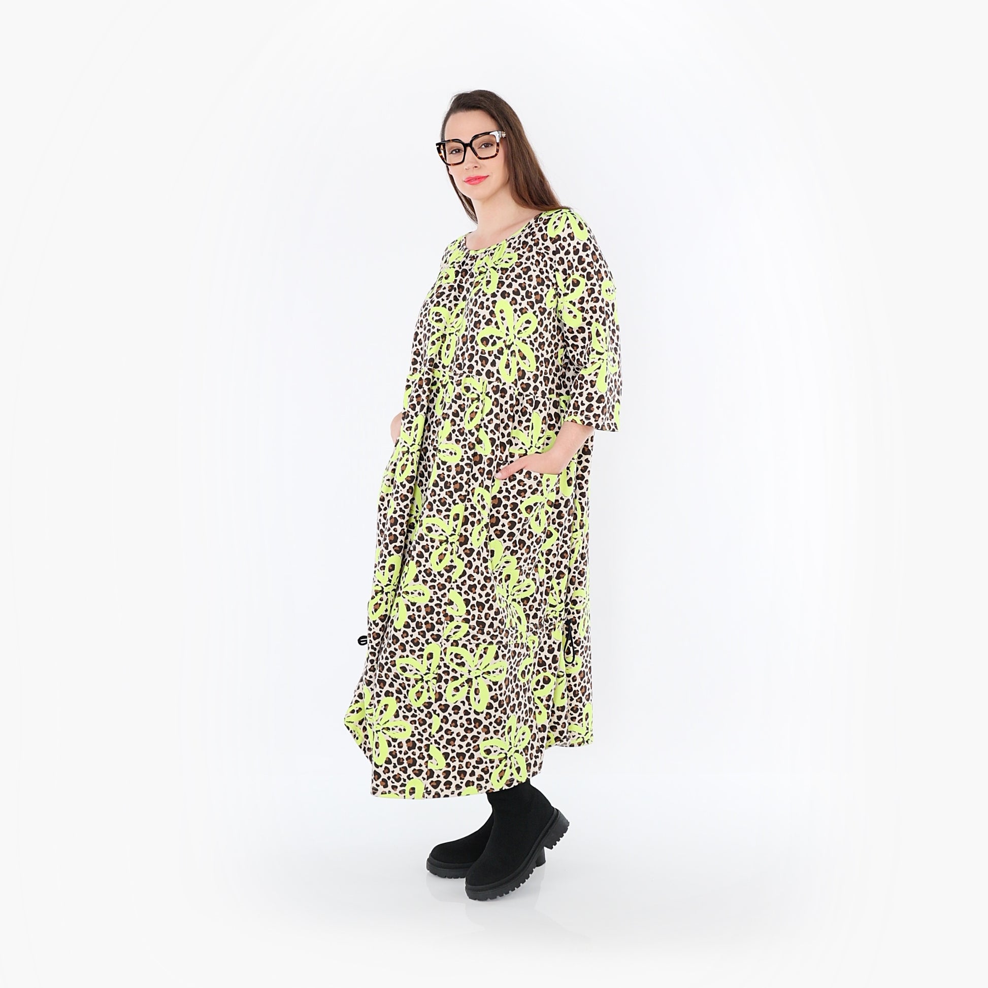  Ballonkleid von AKH Fashion aus Baumwolle, 1514.07122, Beige/Braun/Neongrün, Leopard