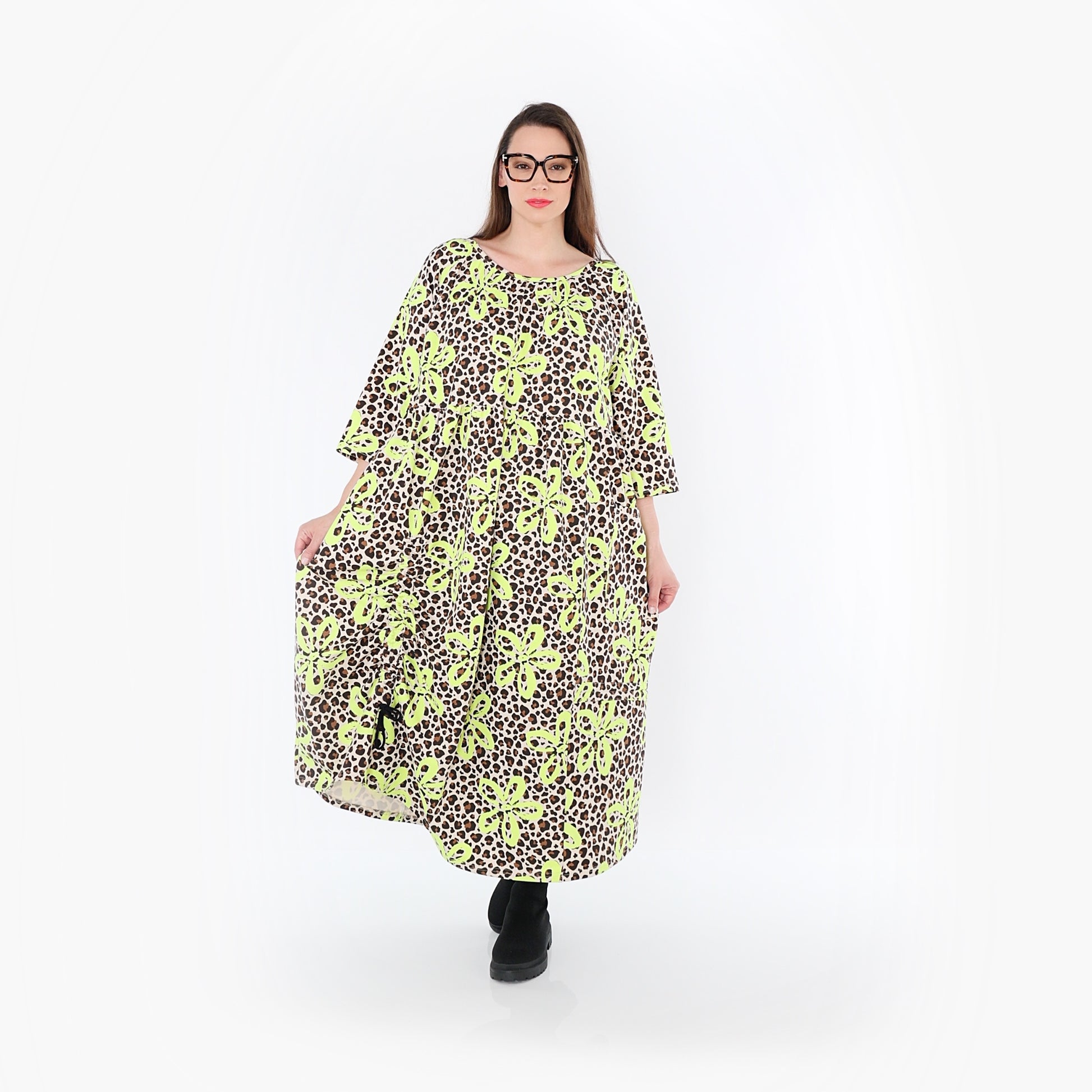  Ballonkleid von AKH Fashion aus Baumwolle, 1514.07122, Beige/Braun/Neongrün, Leopard