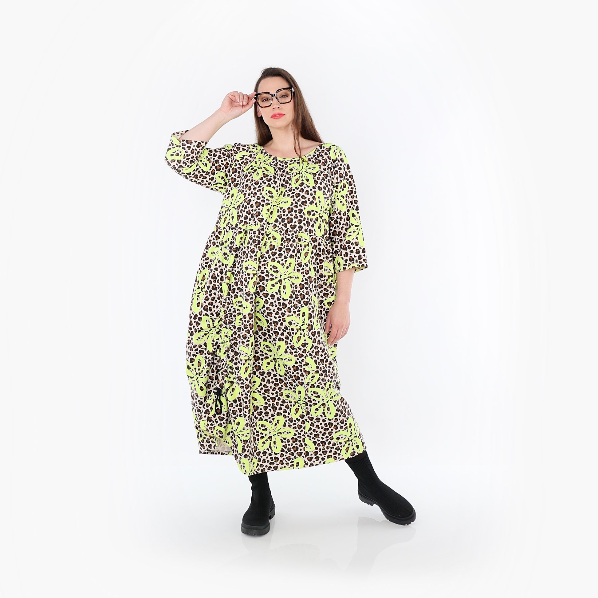  Ballonkleid von AKH Fashion aus Baumwolle, 1514.07122, Beige/Braun/Neongrün, Leopard