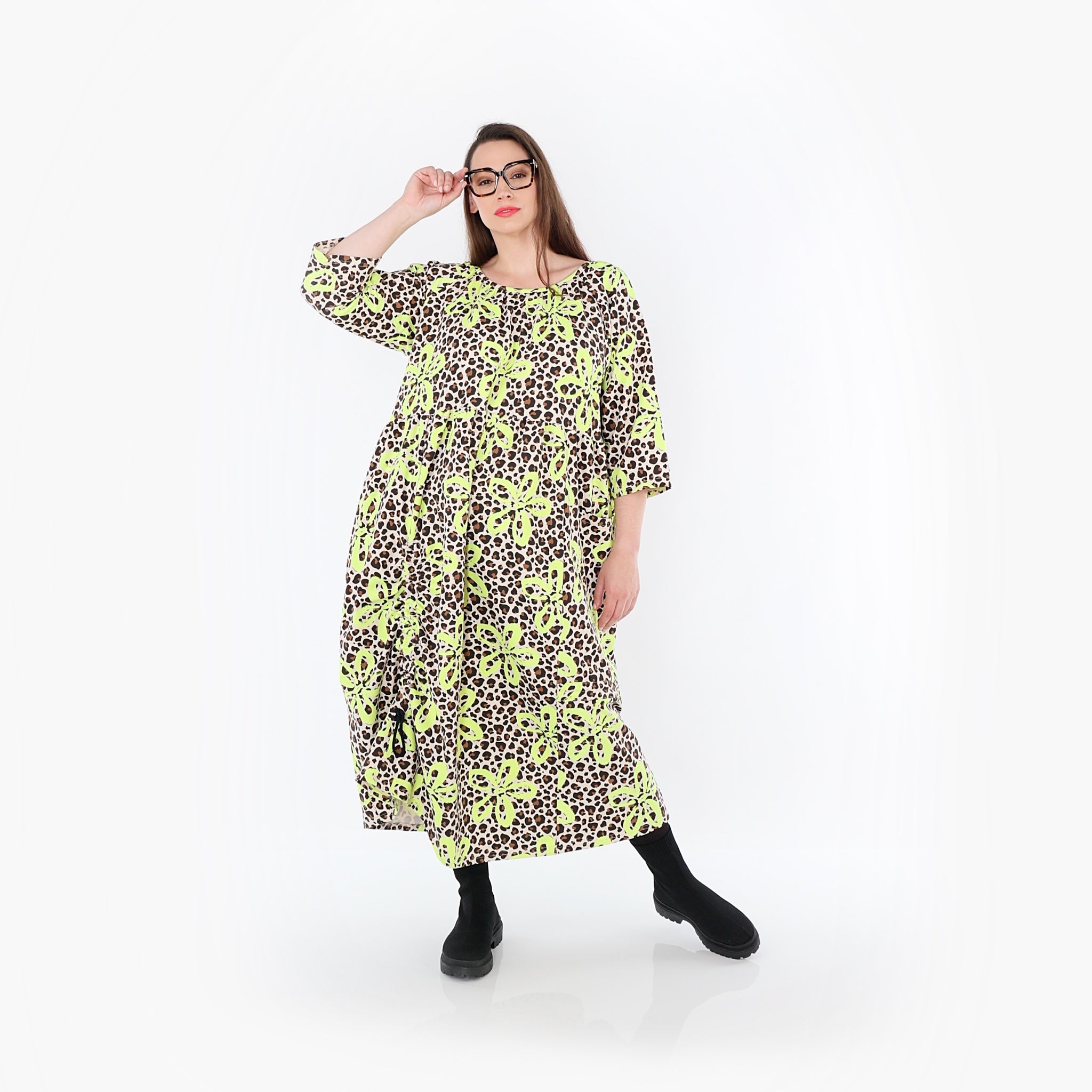  Ballonkleid von AKH Fashion aus Baumwolle, 1514.07122, Beige/Braun/Neongrün, Leopard