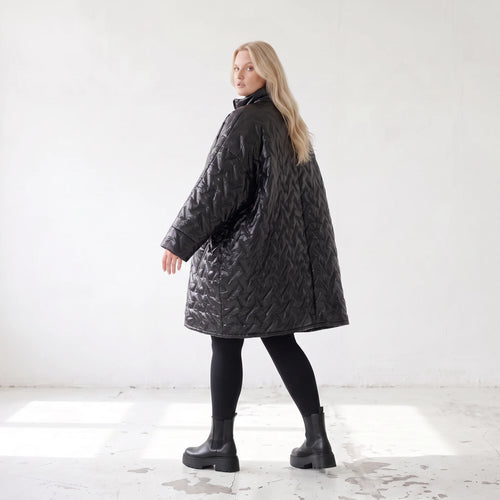 Schwarze Steppjacke mit grafischem Muster oversized wasserabweisend warm mit Taschen