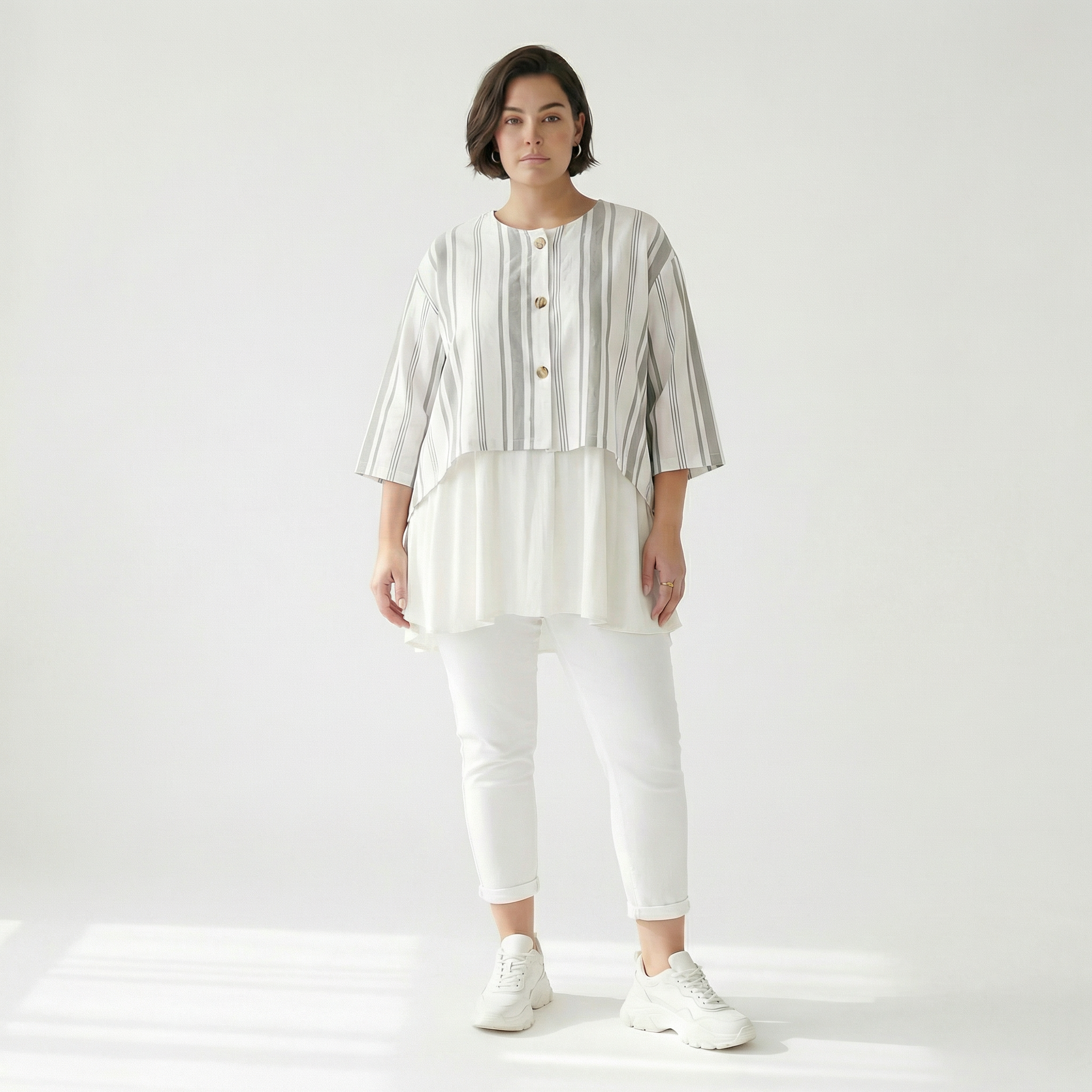  AKH Fashion Jacke in gerundeter Form, aus Baumwolle, 1420.00130, Weiß/Kiwi, Blockstreifen