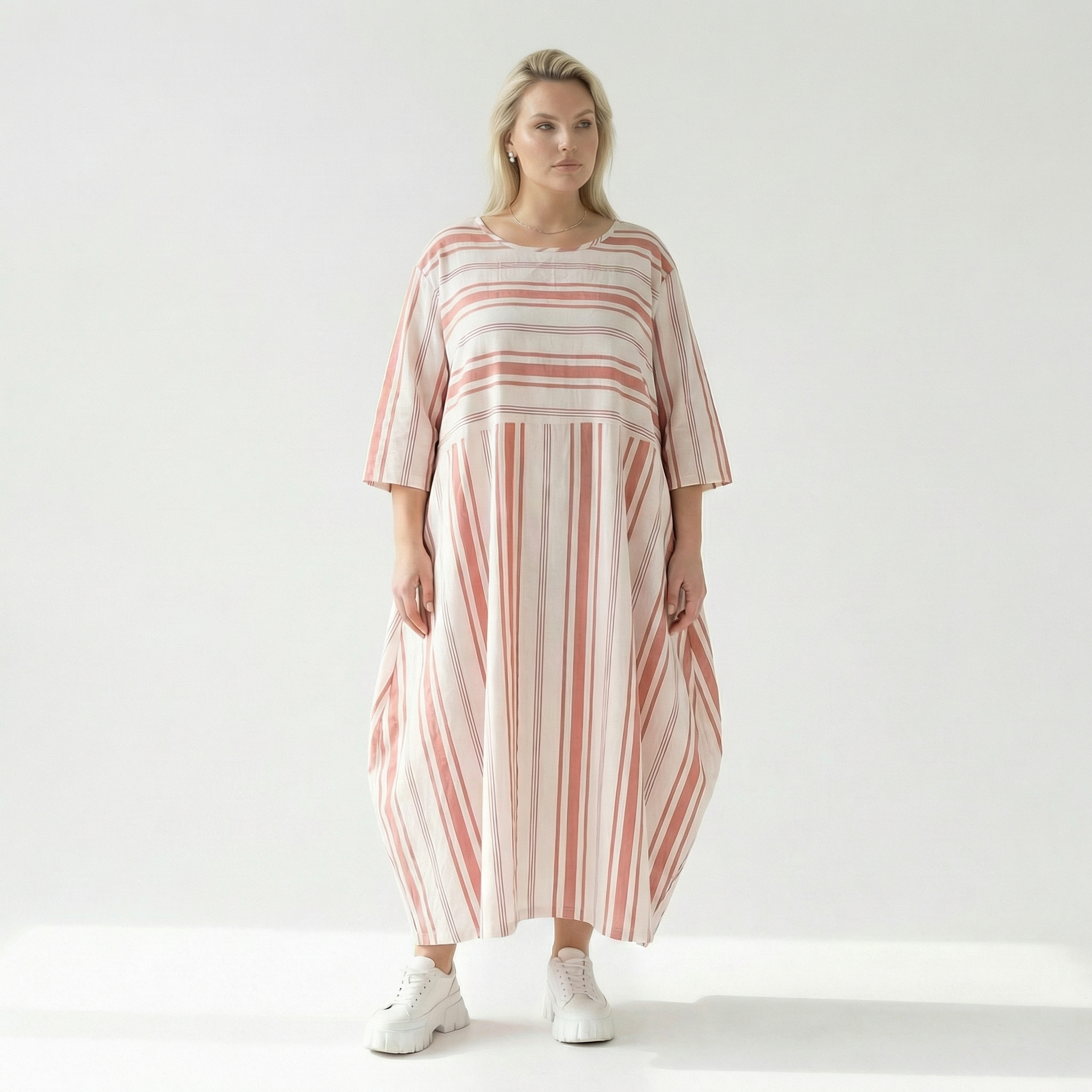  Ballonkleid von AKH Fashion aus Baumwolle, 1420.01926, Weiß/Apricot, Blockstreifen, Schick