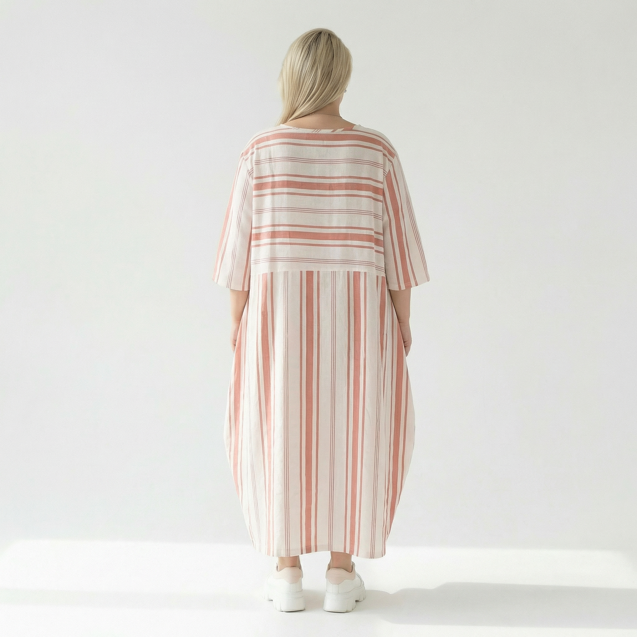  Ballonkleid von AKH Fashion aus Baumwolle, 1420.01926, Weiß/Apricot, Blockstreifen, Schick