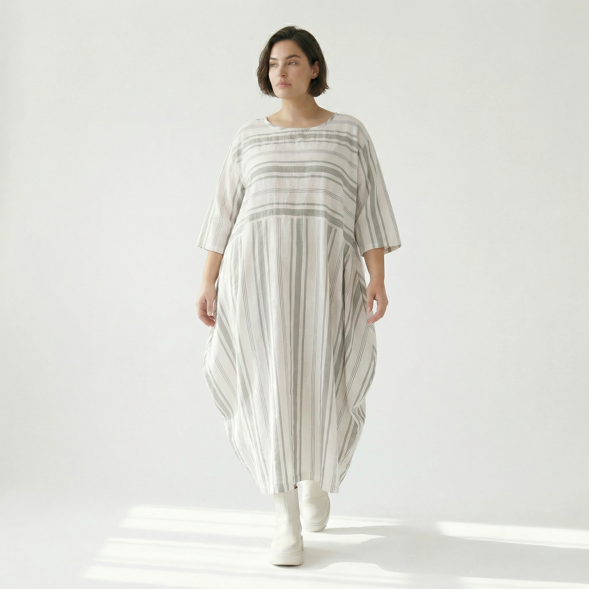  Ballonkleid von AKH Fashion aus Baumwolle, 1420.01926, Weiß/Kiwi, Blockstreifen, Schick