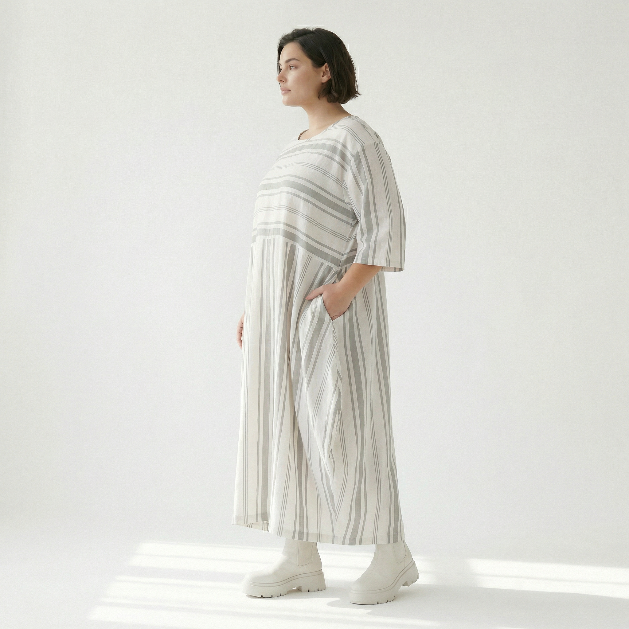  Ballonkleid von AKH Fashion aus Baumwolle, 1420.01926, Weiß/Kiwi, Blockstreifen, Schick