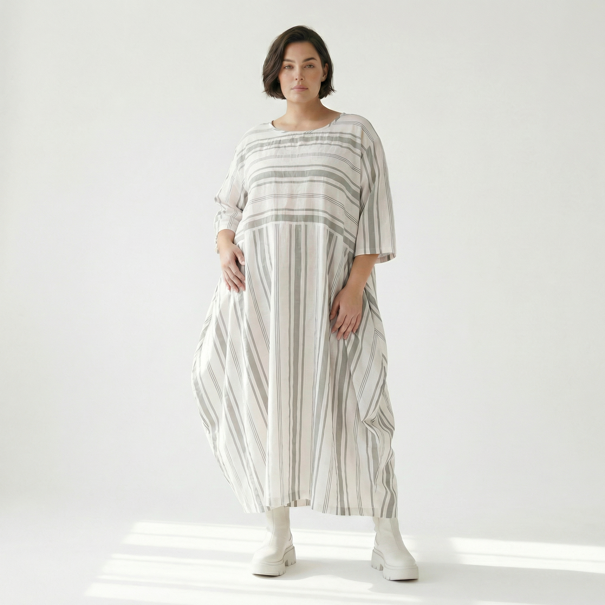  Ballonkleid von AKH Fashion aus Baumwolle, 1420.01926, Weiß/Kiwi, Blockstreifen, Schick