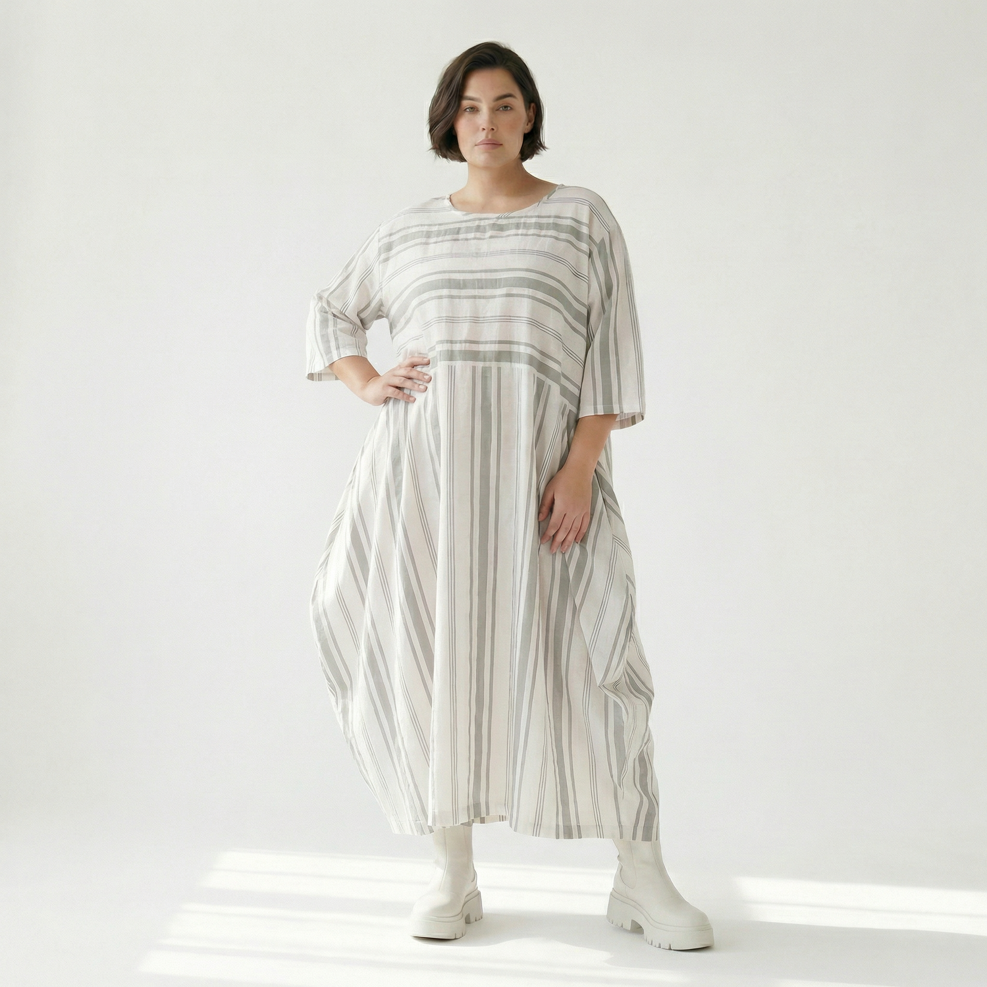  Ballonkleid von AKH Fashion aus Baumwolle, 1420.01926, Weiß/Kiwi, Blockstreifen, Schick