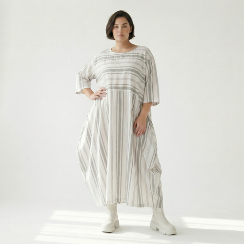  Ballonkleid von AKH Fashion aus Baumwolle, 1420.01926, Weiß/Kiwi, Blockstreifen, Schick