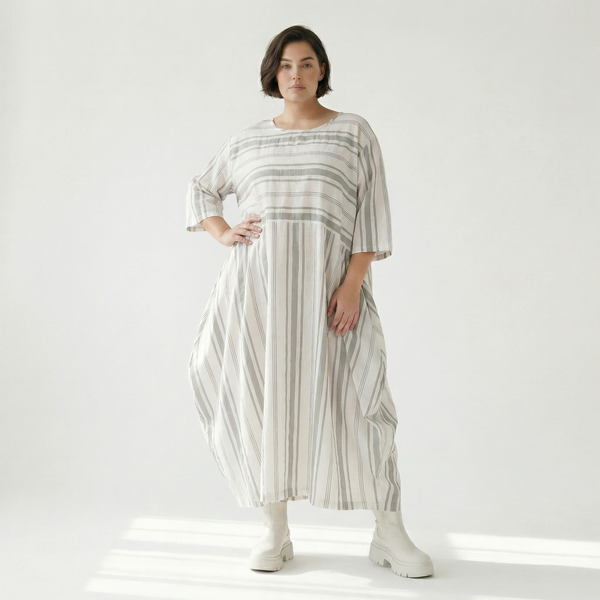  Ballonkleid von AKH Fashion aus Baumwolle, 1420.01926, Weiß/Kiwi, Blockstreifen, Schick