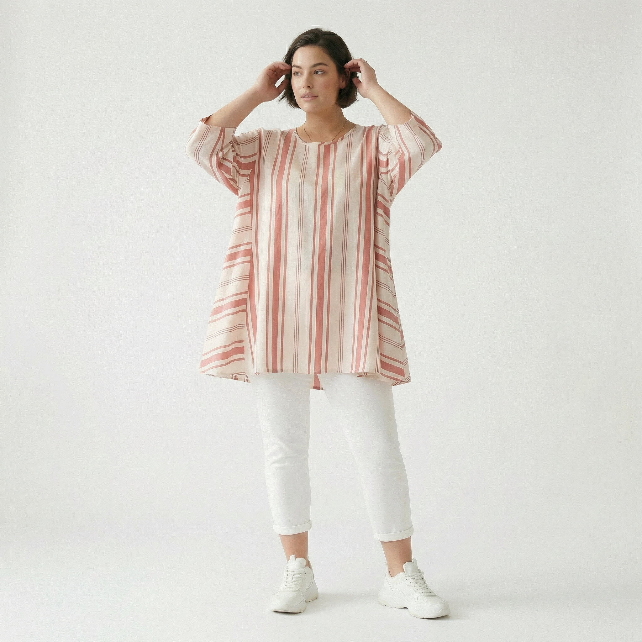  A-Form Bigshirt von AKH Fashion aus Baumwolle, 1420.00593, Weiß/Apricot, Blockstreifen