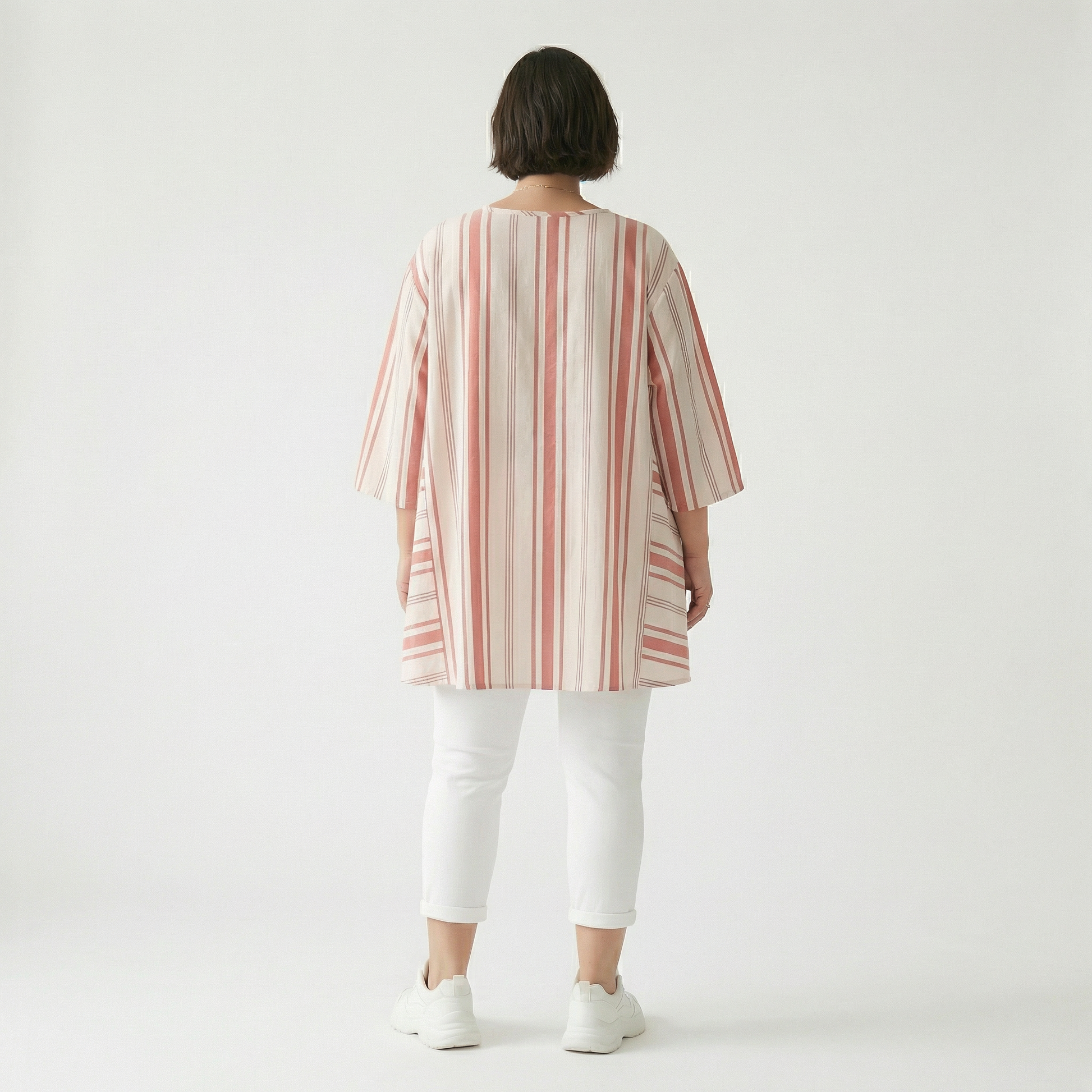  A-Form Bigshirt von AKH Fashion aus Baumwolle, 1420.00593, Weiß/Apricot, Blockstreifen