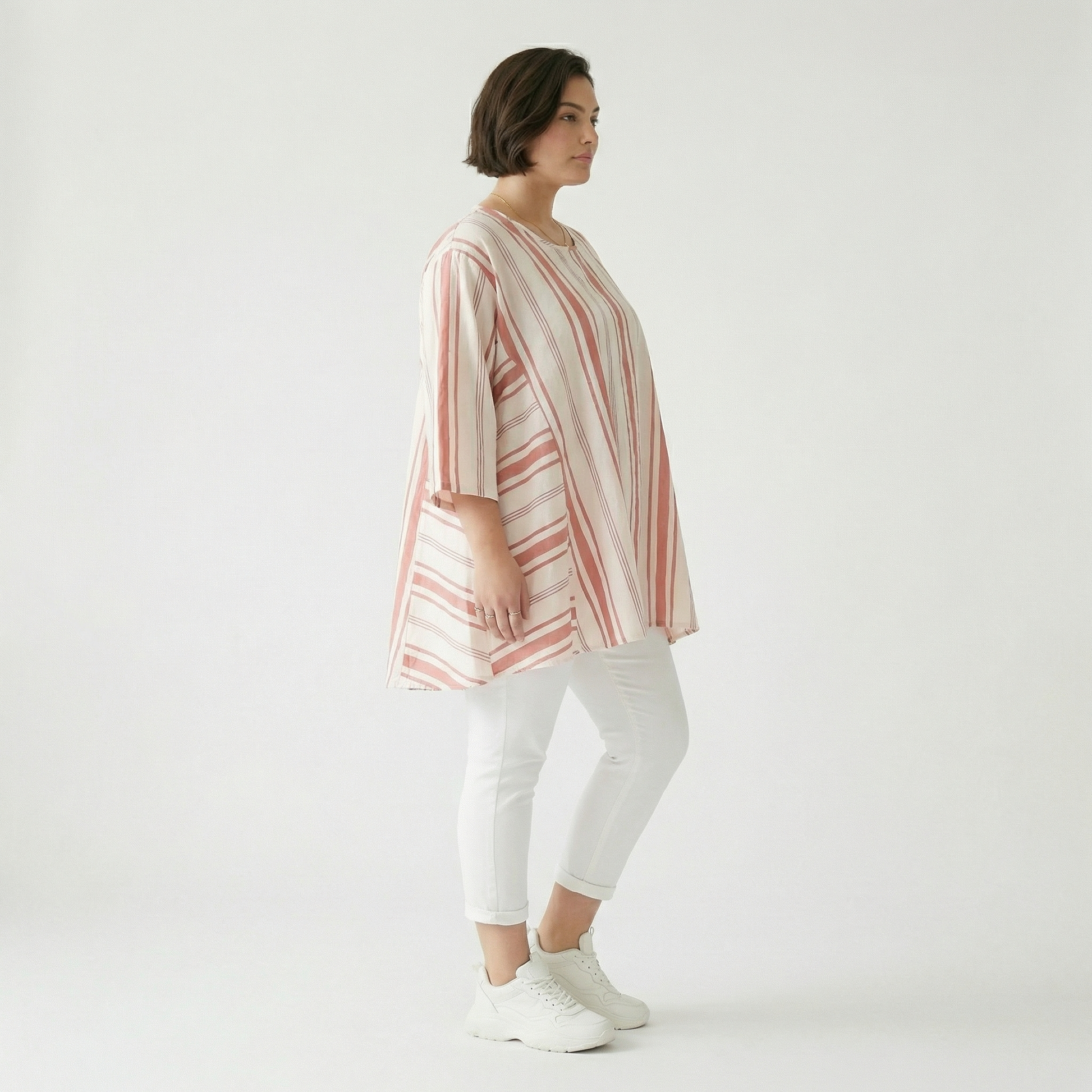  A-Form Bigshirt von AKH Fashion aus Baumwolle, 1420.00593, Weiß/Apricot, Blockstreifen