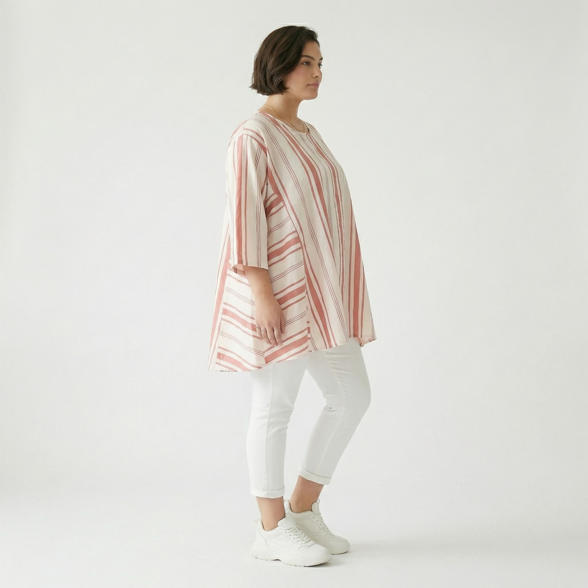  A-Form Bigshirt von AKH Fashion aus Baumwolle, 1420.00593, Weiß/Apricot, Blockstreifen