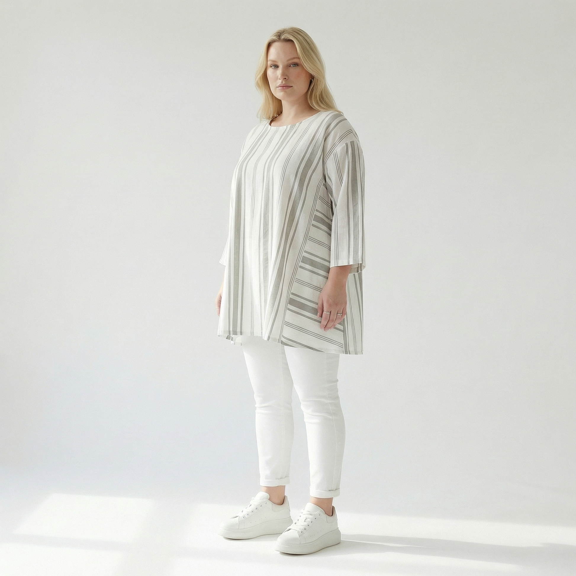  A-Form Bigshirt von AKH Fashion aus Baumwolle, 1420.00593, Weiß/Kiwi, Blockstreifen, Schick