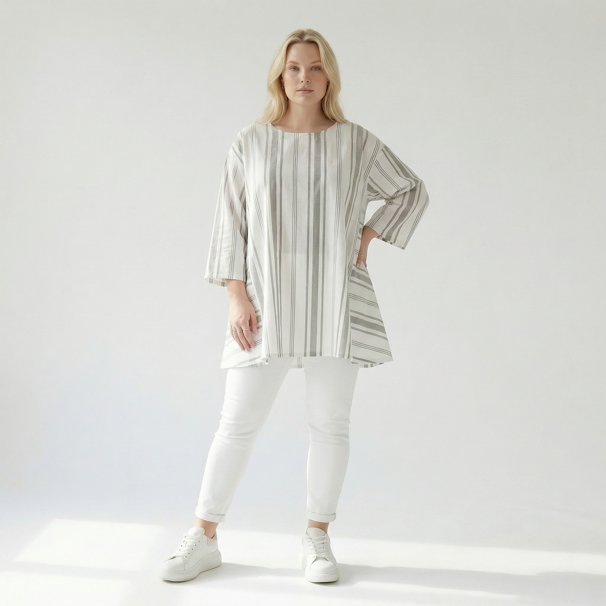 A-Form Bigshirt von AKH Fashion aus Baumwolle, 1420.00593, Weiß/Kiwi, Blockstreifen, Schick