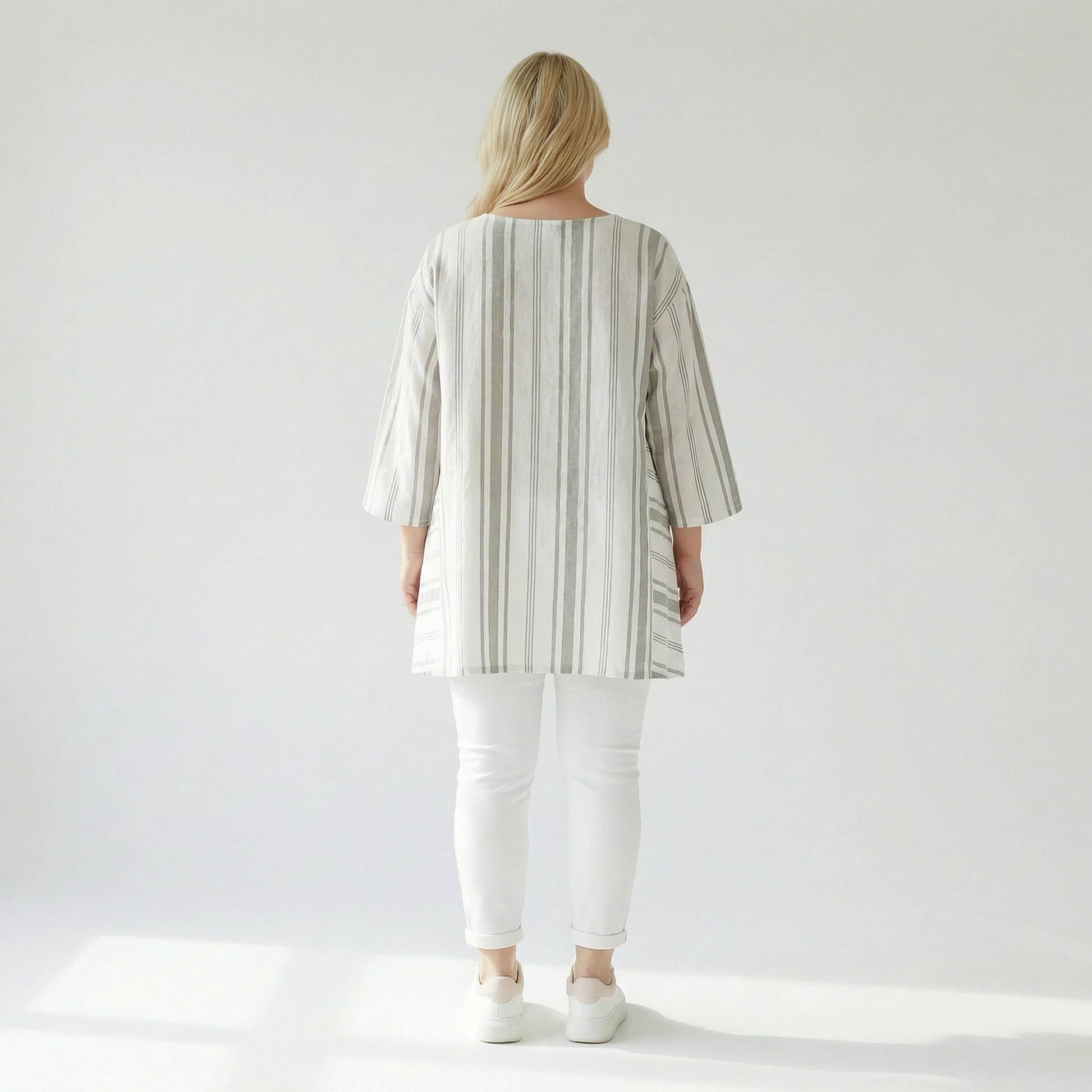  A-Form Bigshirt von AKH Fashion aus Baumwolle, 1420.00593, Weiß/Kiwi, Blockstreifen, Schick