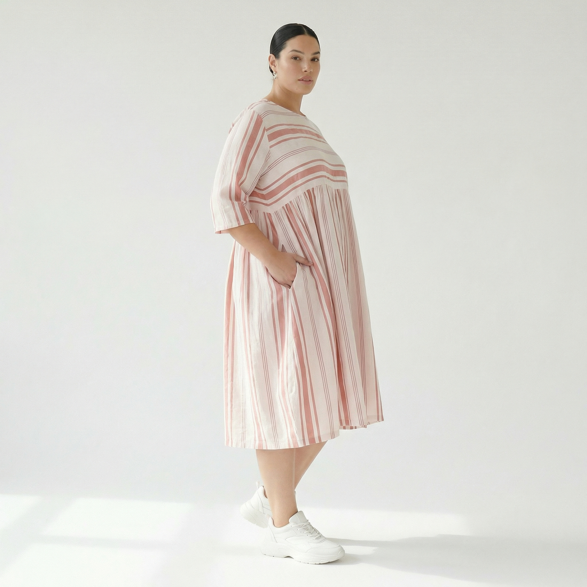  Ballonkleid von AKH Fashion aus Baumwolle, 1420.06698, Weiß/Apricot, Blockstreifen, Schick