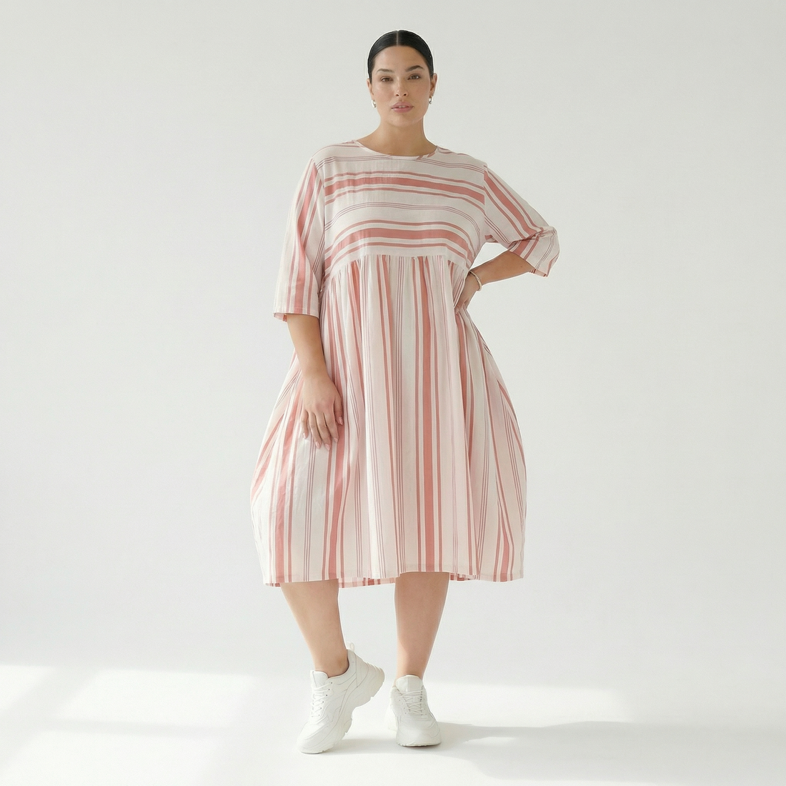  Ballonkleid von AKH Fashion aus Baumwolle, 1420.06698, Weiß/Apricot, Blockstreifen, Schick