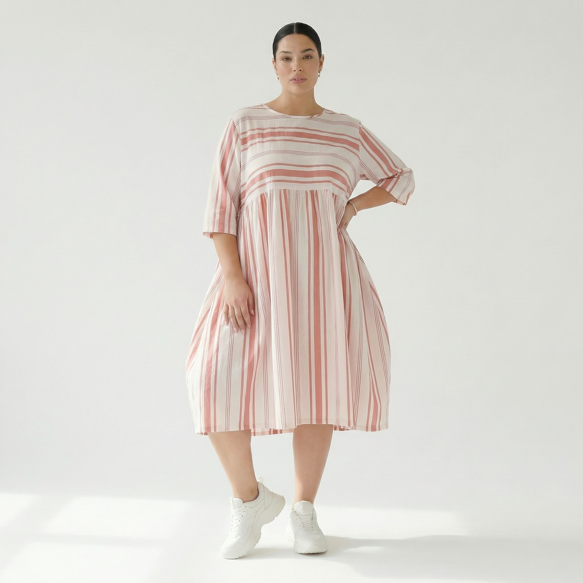  Ballonkleid von AKH Fashion aus Baumwolle, 1420.06698, Weiß/Apricot, Blockstreifen, Schick