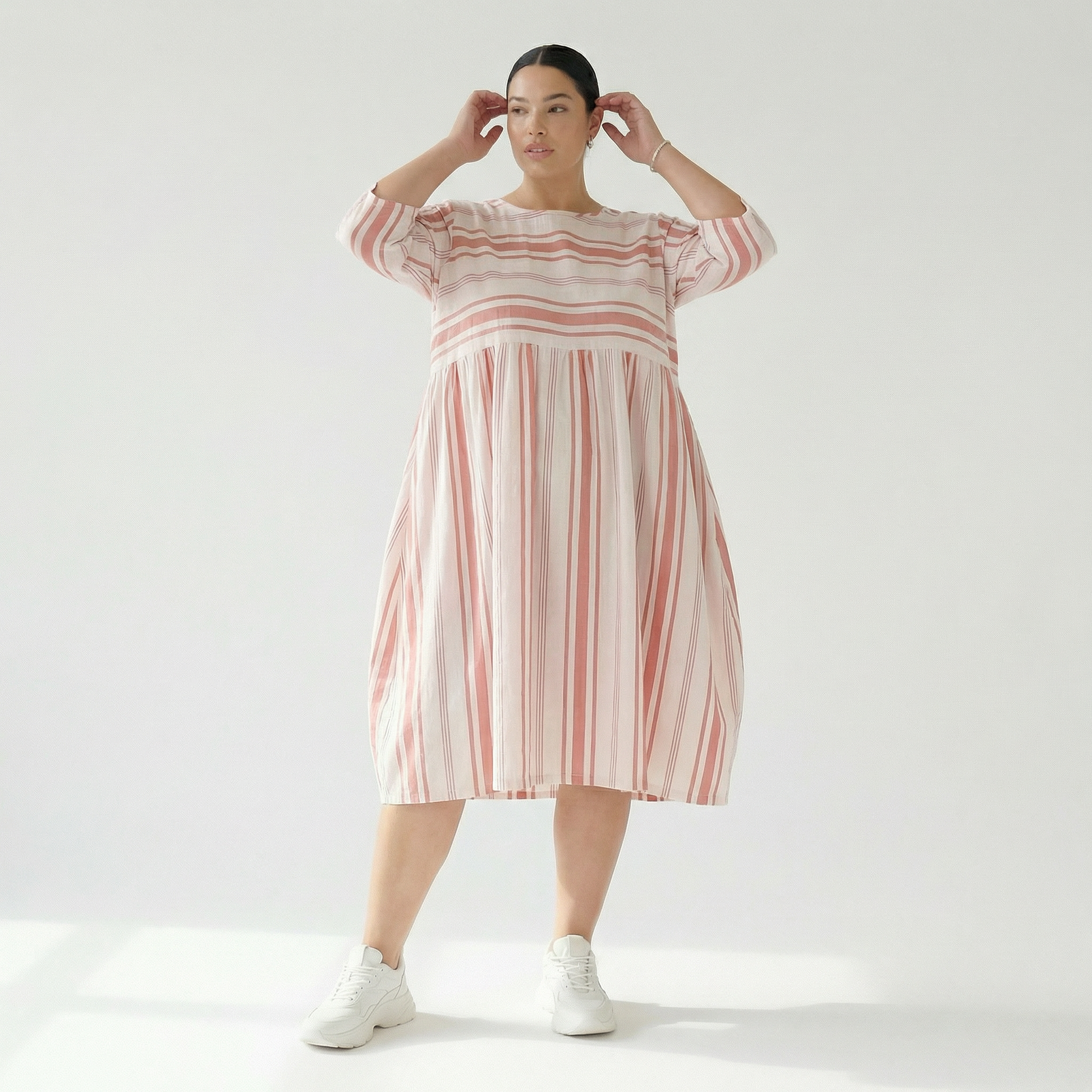  Ballonkleid von AKH Fashion aus Baumwolle, 1420.06698, Weiß/Apricot, Blockstreifen, Schick