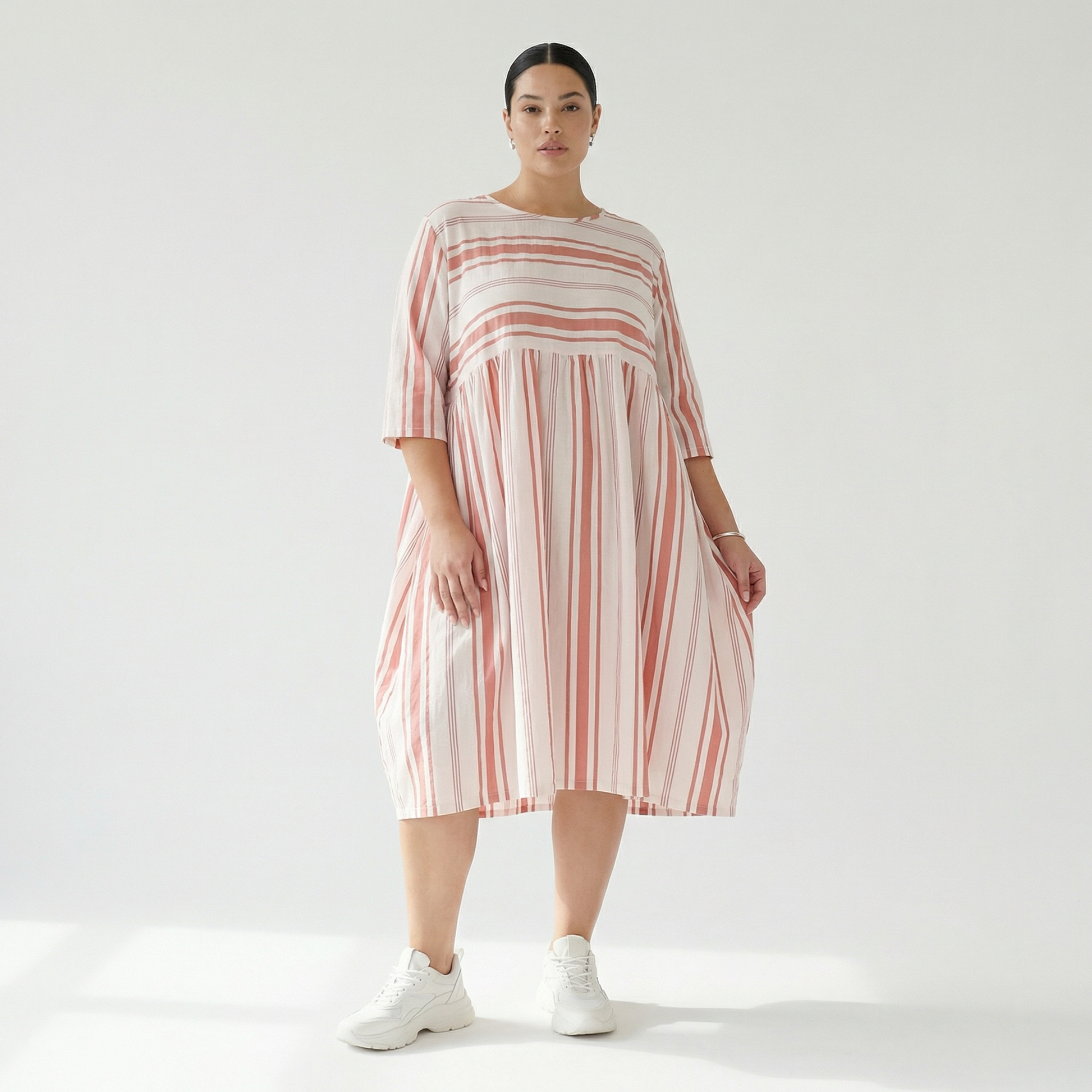  Ballonkleid von AKH Fashion aus Baumwolle, 1420.06698, Weiß/Apricot, Blockstreifen, Schick