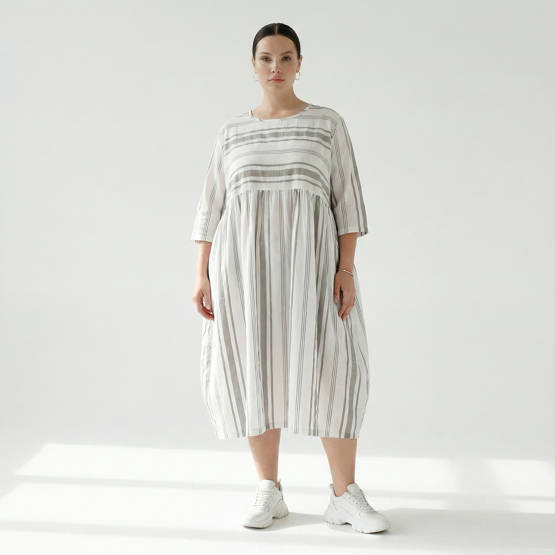  Ballonkleid von AKH Fashion aus Baumwolle, 1420.06698, Weiß/Kiwi, Blockstreifen, Schick