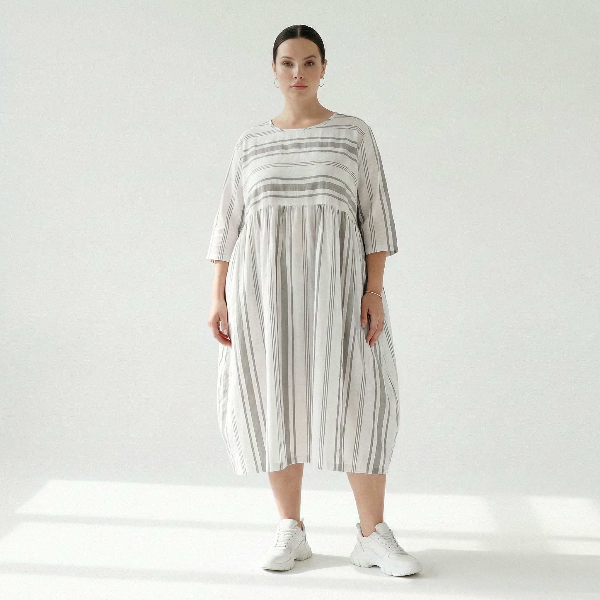  Ballonkleid von AKH Fashion aus Baumwolle, 1420.06698, Weiß/Kiwi, Blockstreifen, Schick