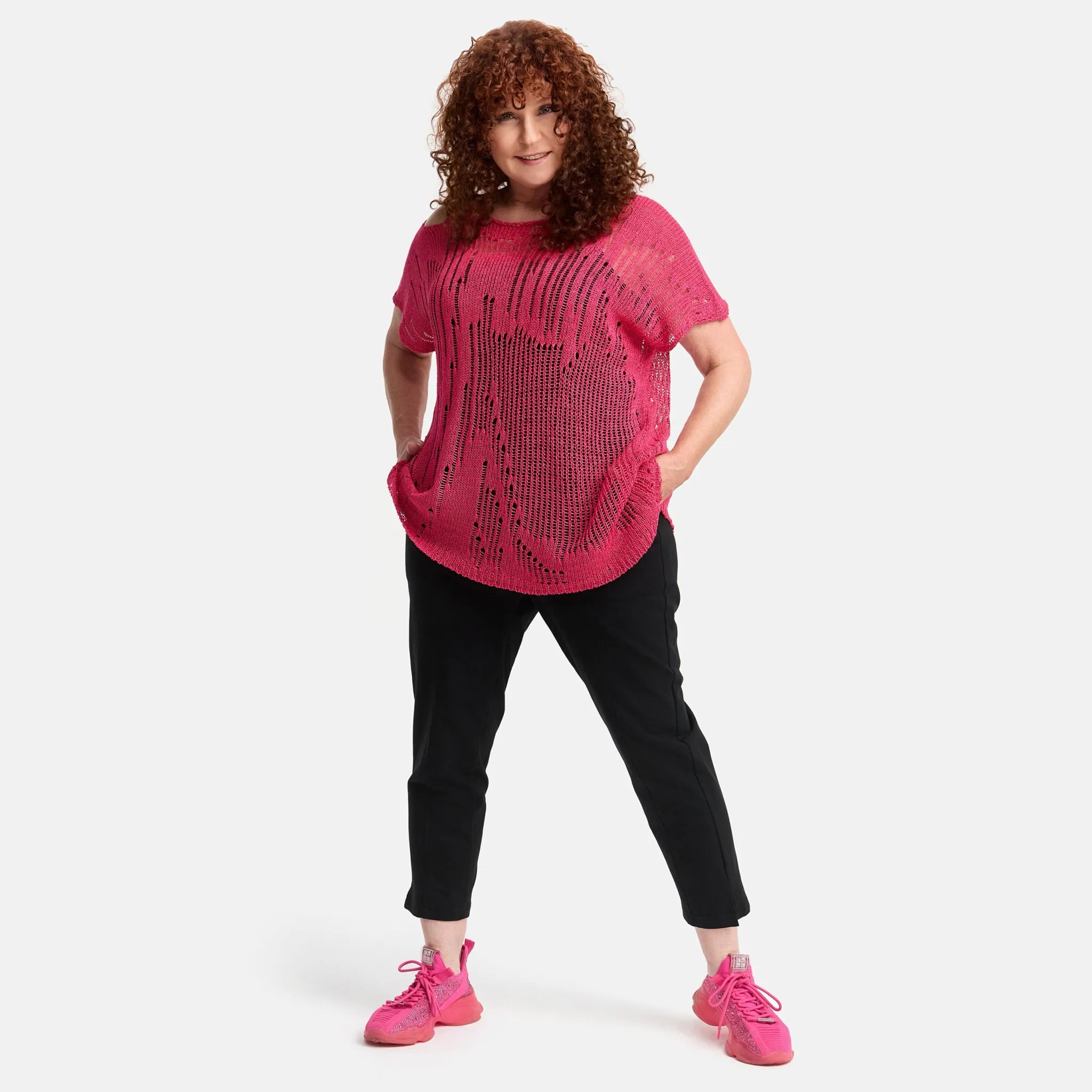  Amandine Pullover in kastiger Form, aus Baumwolle, A2807, Fuchsia, Schick, Modern, Bequem