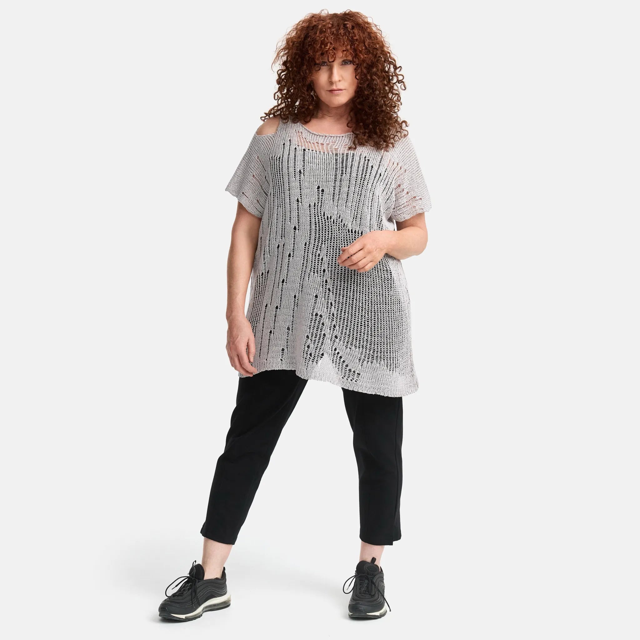  Amandine Pullover in kastiger Form, aus Baumwolle, A2807, Hellgrau, Schick, Modern, Bequem