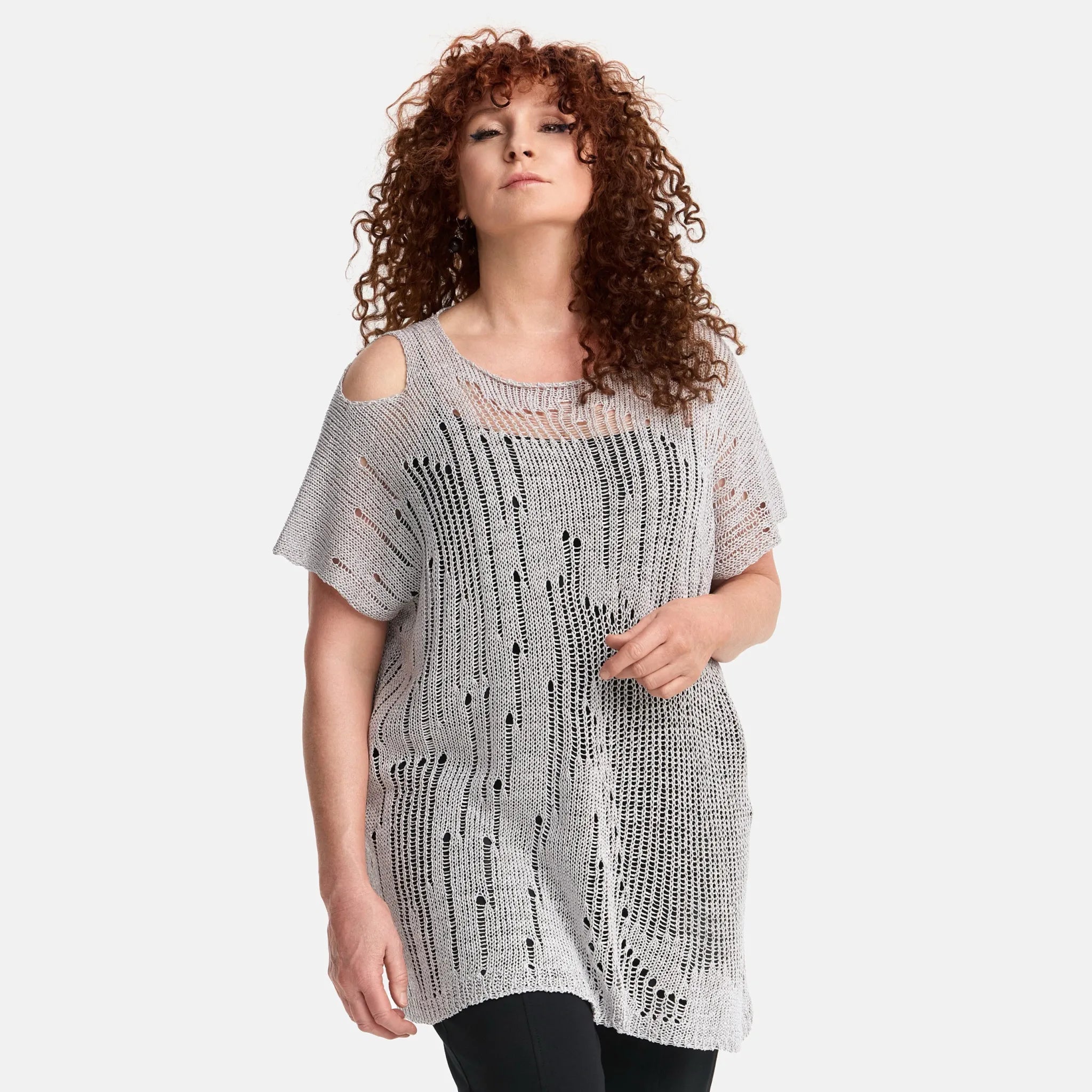  Amandine Pullover in kastiger Form, aus Baumwolle, A2807, Hellgrau, Schick, Modern, Bequem