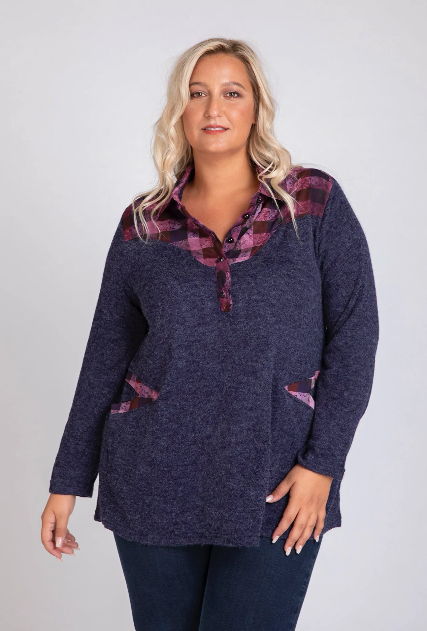  Pomme Rouge Shirt in gerader Form, aus Baumwolle, A811, Blau-Rosa, Schick, Modern, Bequem