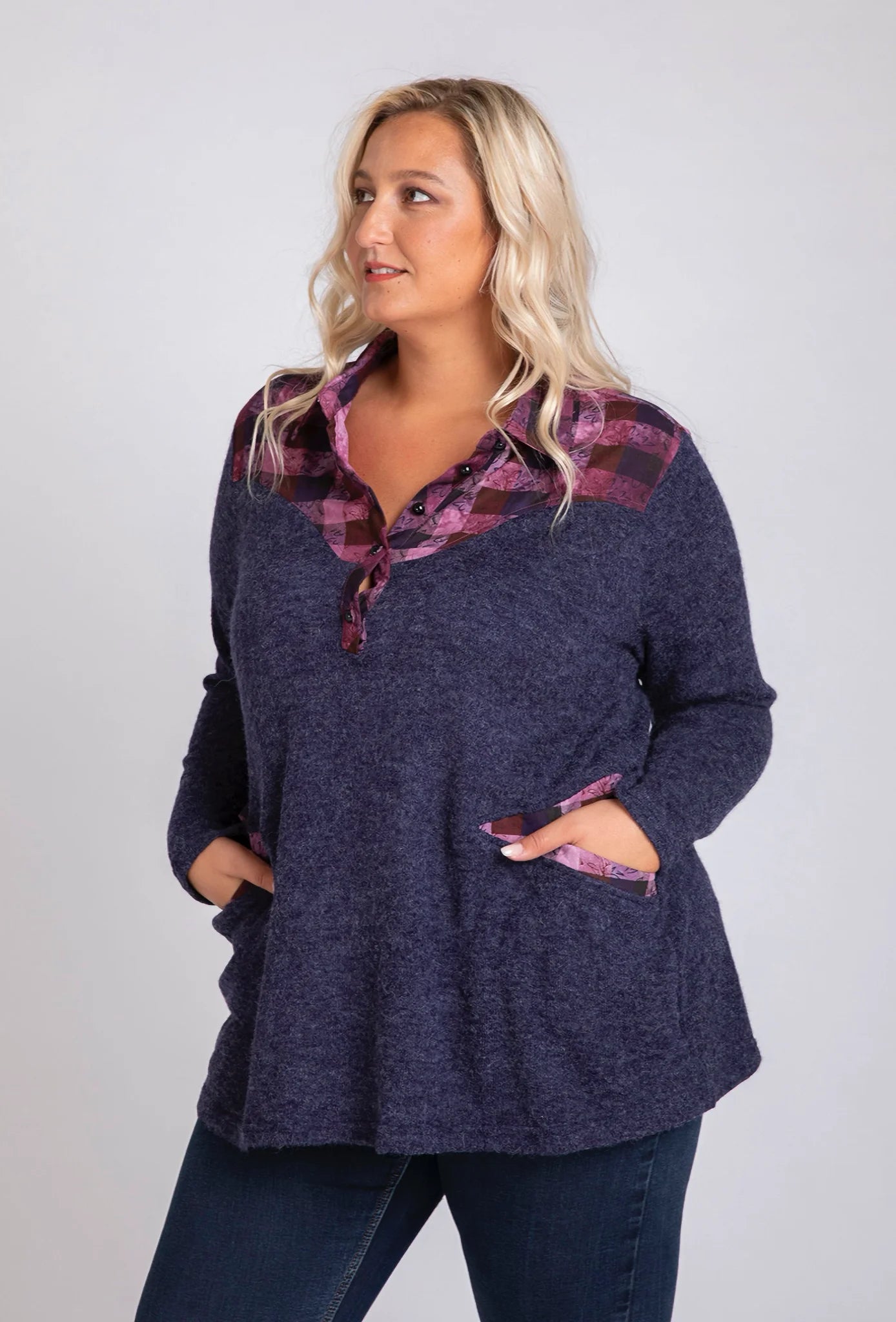  Pomme Rouge Shirt in gerader Form, aus Baumwolle, A811, Blau-Rosa, Schick, Modern, Bequem