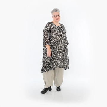  A-Form Bigshirt von AKH Fashion aus Viskose, 1494.02666, Schwarz/Ecru, Blumen, Ausgefallen