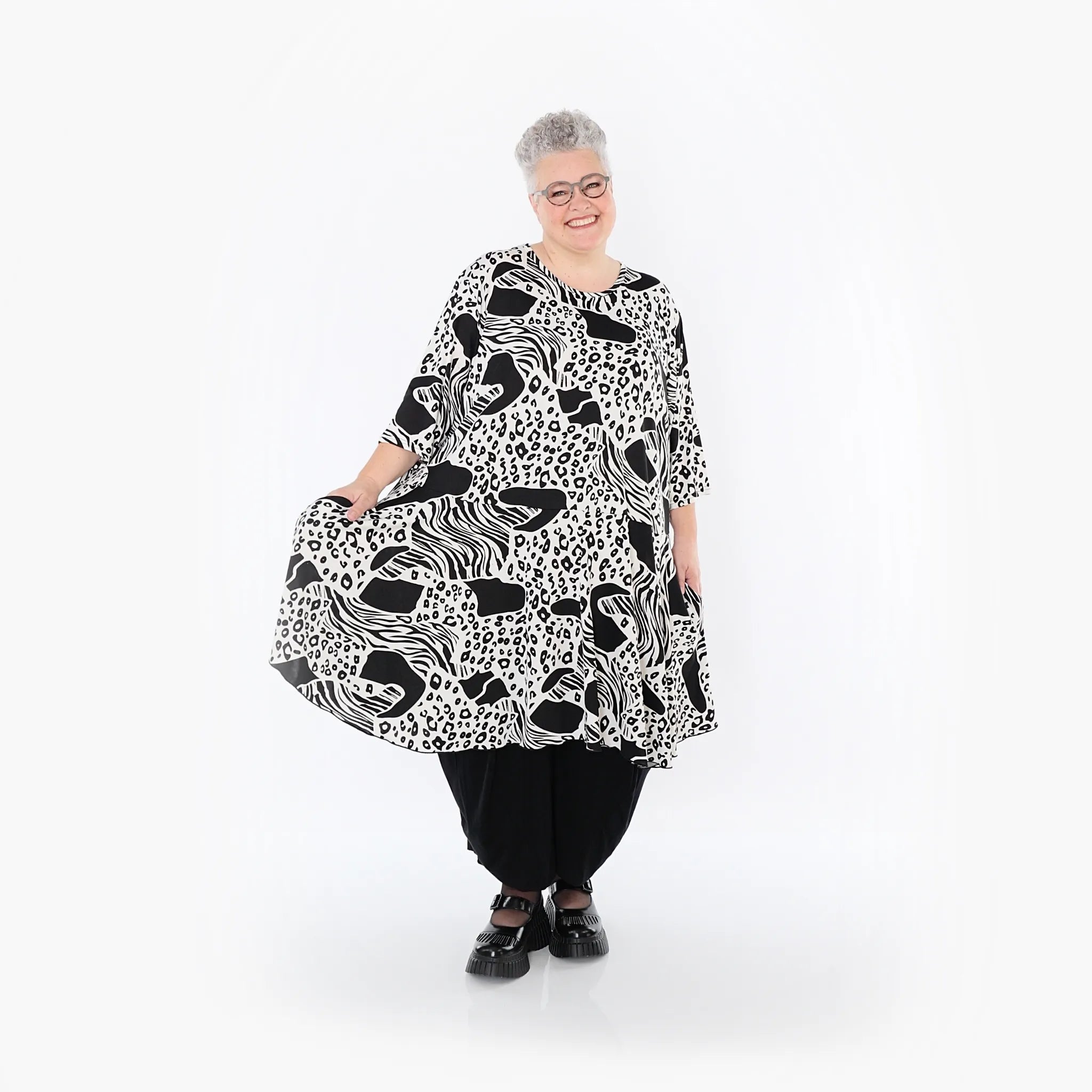  AKH Fashion Bigshirt in Glocken-Form, aus Materialmix, 1499.06563, Schwarz/Weiß, Animal