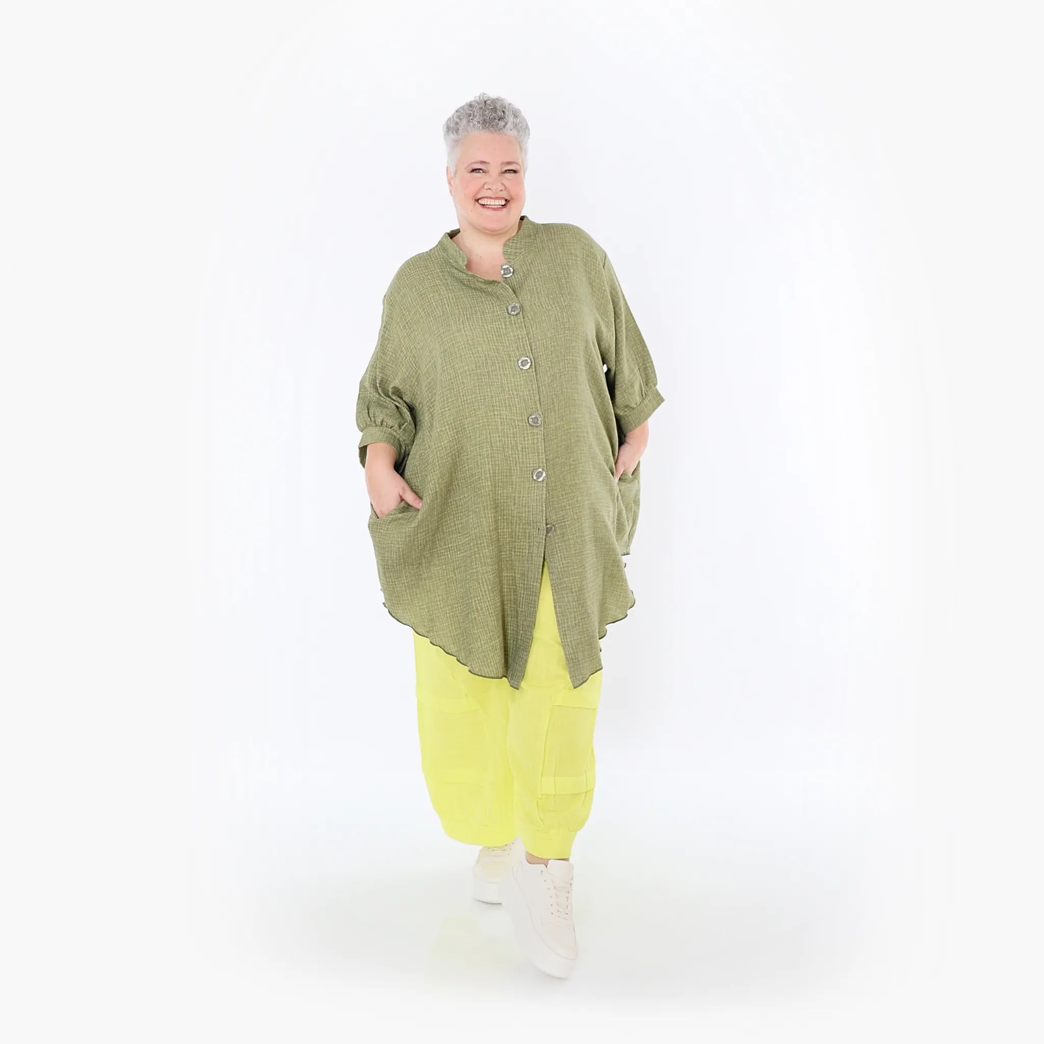  AKH Fashion Bluse in gerundeter Form, aus Baumwolle, 1501.07106, Khaki, Ausgefallen